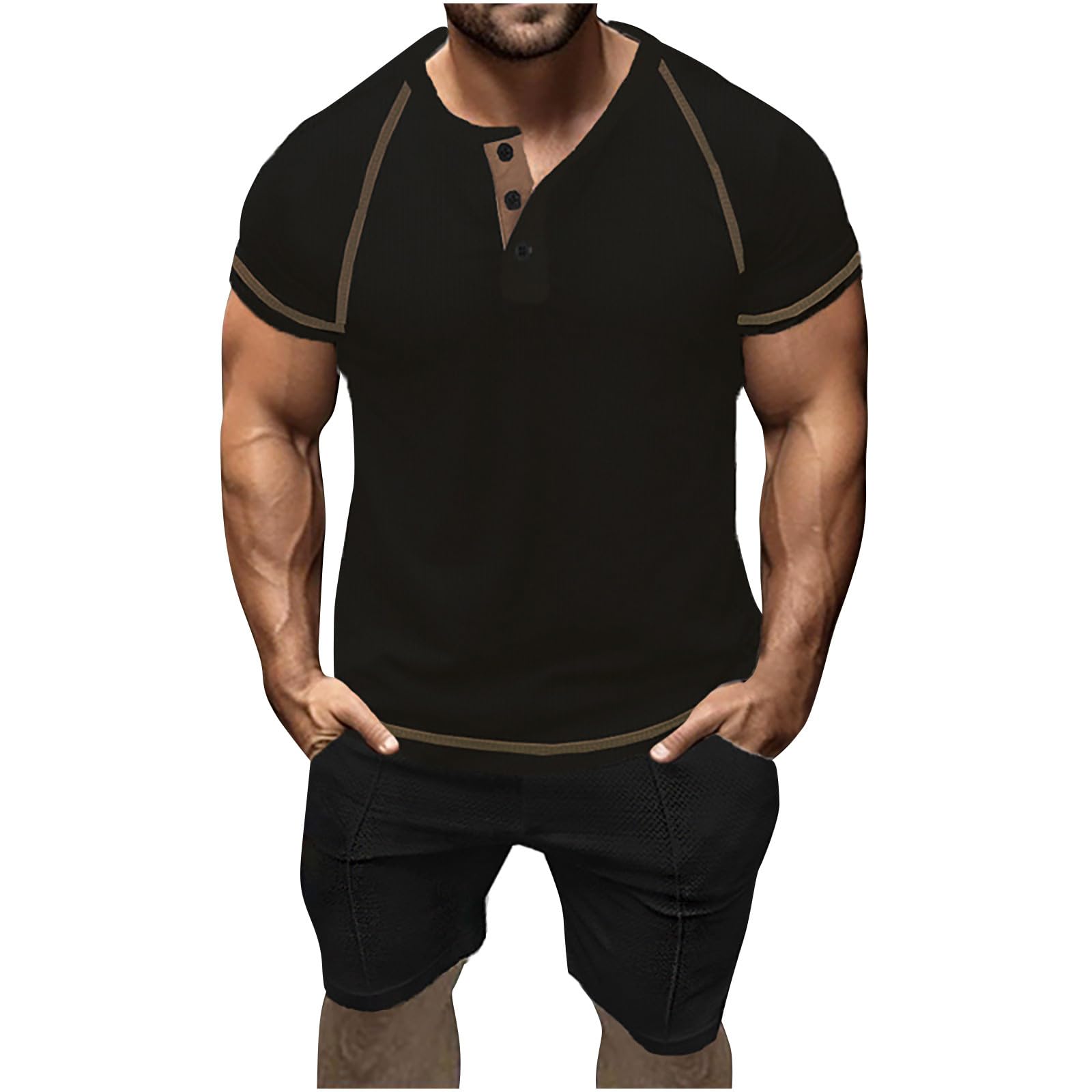 Men's Waffle Henley Shirt & Shorts Set - 2 Piece Summer Short Sleeve Tracksuit | Casual Sports Sweatsuit for Gym, Beach & Lounge Wear