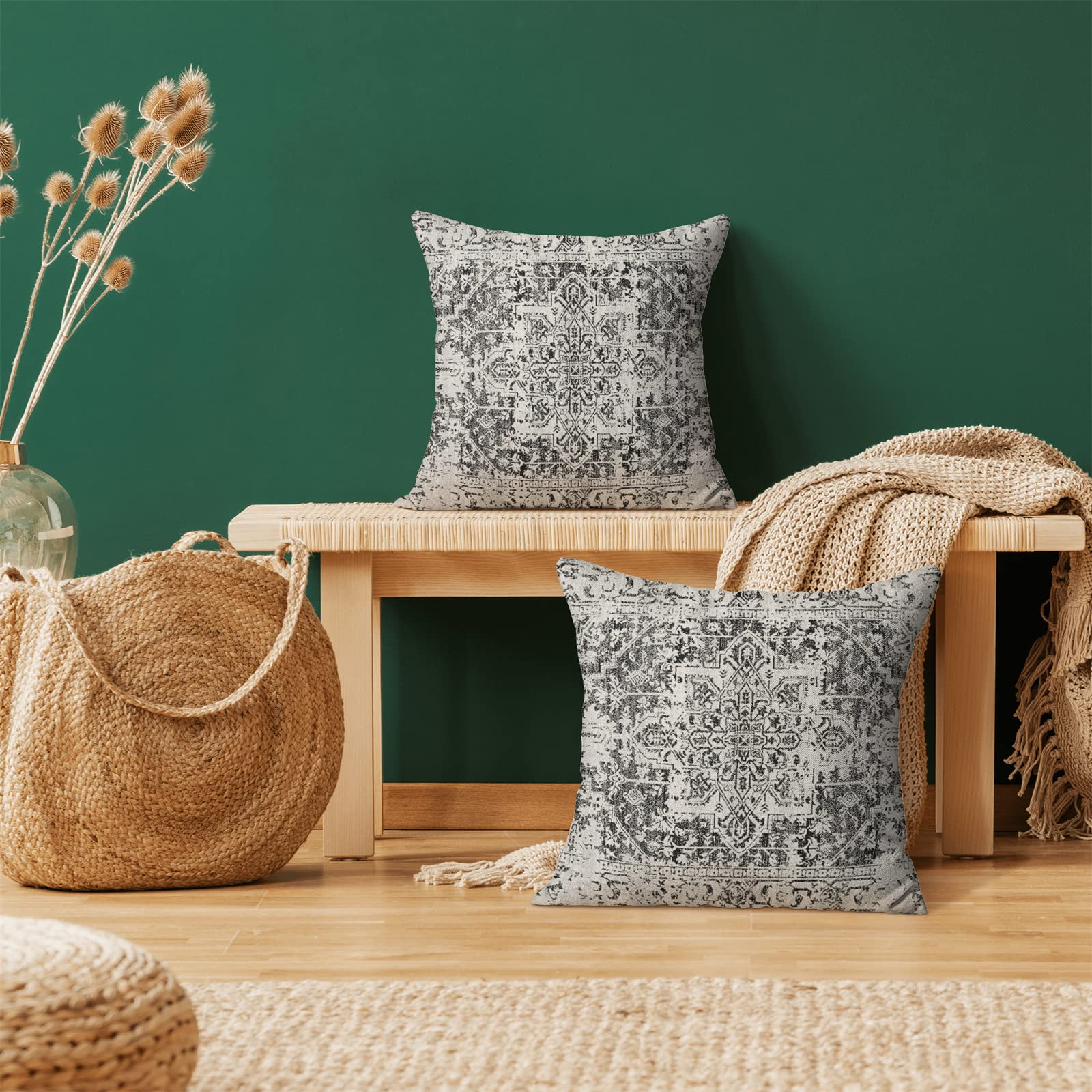 Boho Pillow Covers 20x20 Set of 2 - Ethnic Decorative Throw Pillow Covers with Linen Fabric in Black & Gray Carpet Pattern - Farmhouse Cushion Covers for Sofa, Couch, Bed, Outdoor & Indoor Decor - Perfect for Living Room, Patio & Home Styling