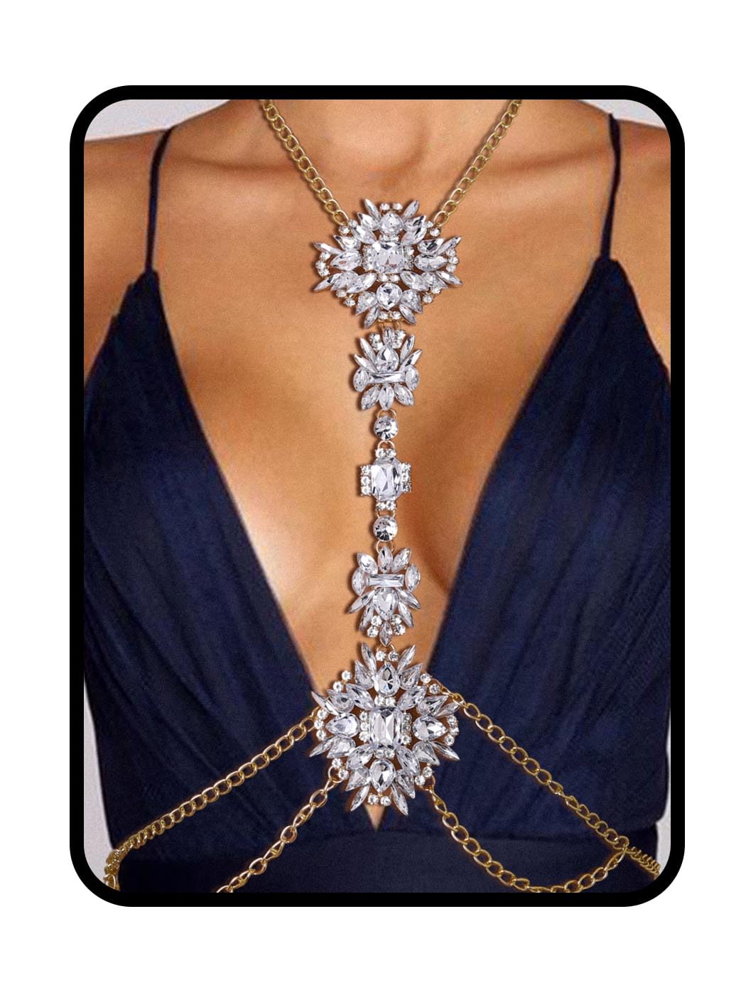 Boho Rhinestone Statement Chest Chain - Crystal Body Jewelry for Women | Summer Beach Party, Festival, Boho Chic Outfit Accessory