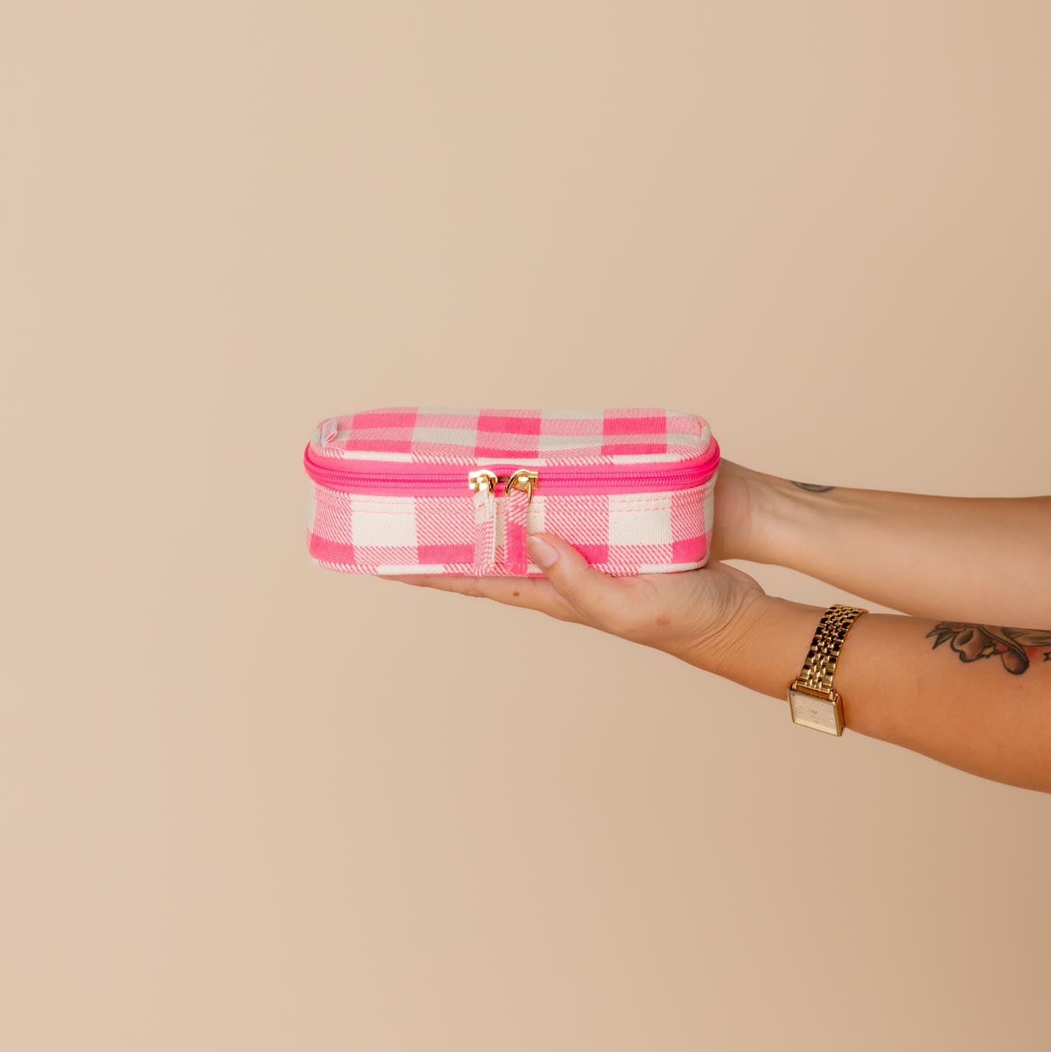 Handy Handle Case - Neon Pink Gingham Phone Grip Stand for iPhone & Samsung - Perfect for Selfies, Video Calls & Secure Phone Handling