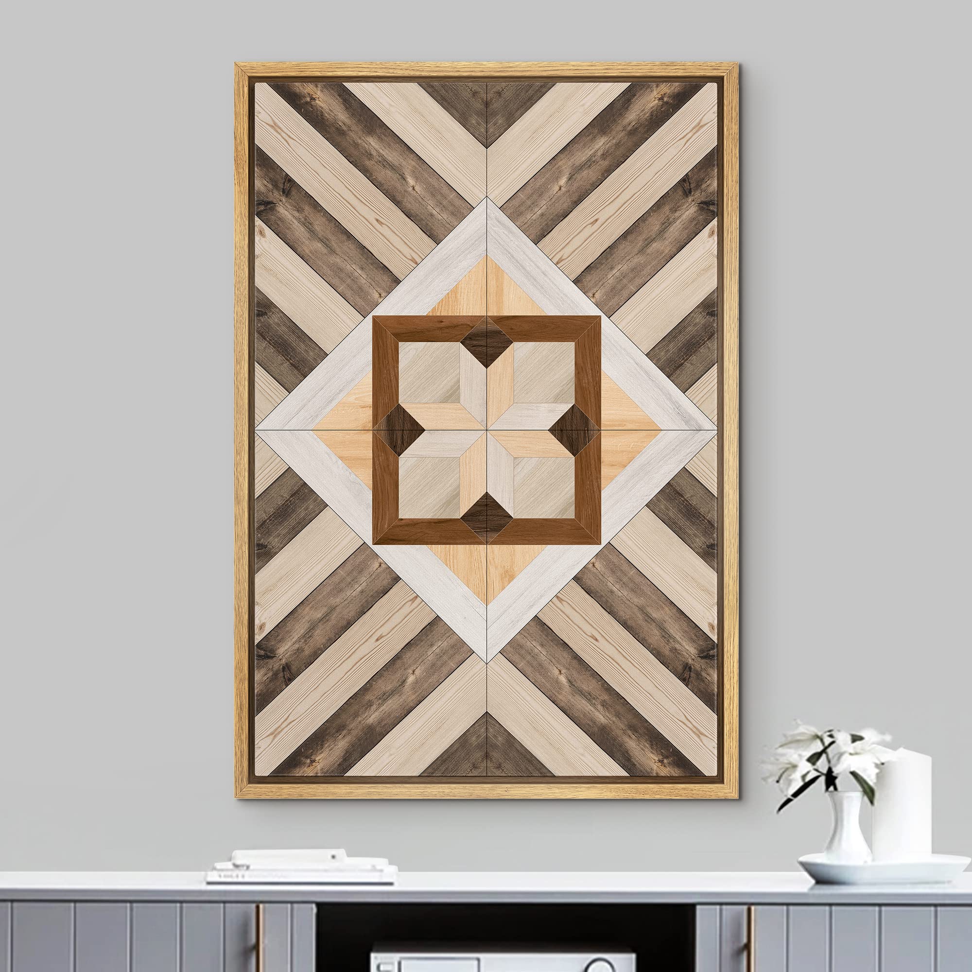 IDEA4WALL Framed Canvas Print Wall Art - Western Decor Geometric Polygon Wood Panel Pattern, Abstract Shapes Modern Nordic Minimal Boho Style for Living Room, Bedroom, Office, Dorm, and Studio - 24