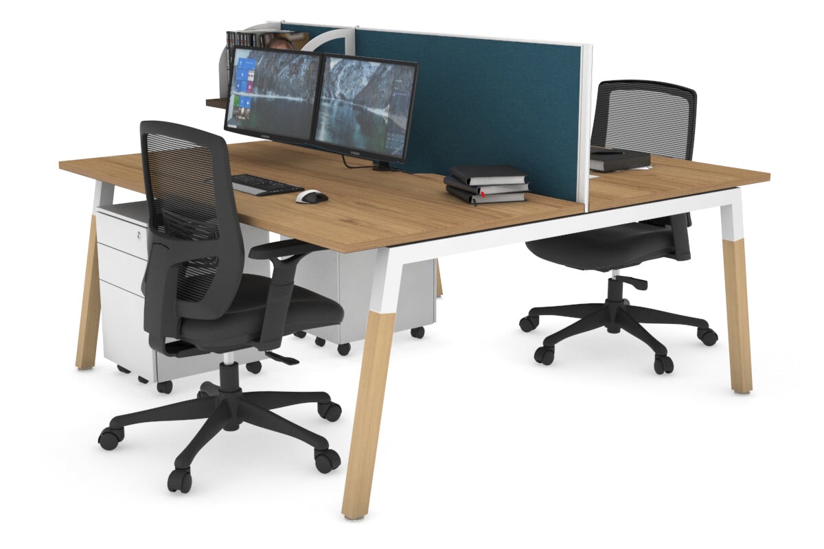 Quadro A Legs 2-Person Office Workstation with Wood Legs & Cross Beam - 1400L x 800W Dimensions with Cable Management Scallop - Perfect for Shared Workspaces and Collaborative Office Environments