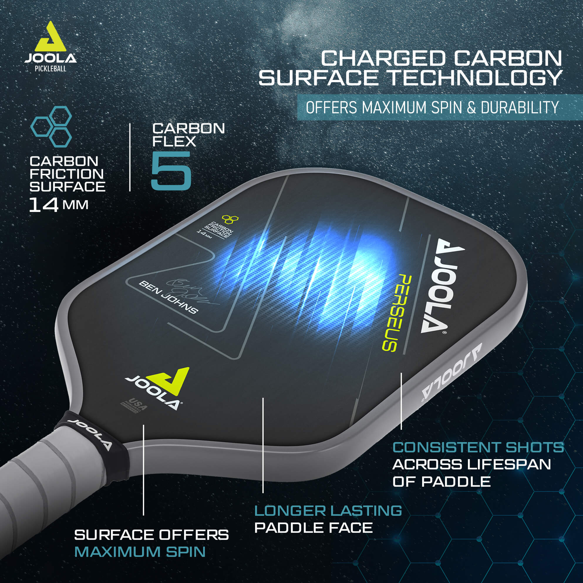 JOOLA Ben Johns Perseus CFS Pickleball Paddle - Premium Carbon Fiber Surface for Power & Control - Demo Rental Available - Perfect for Tournaments & Recreational Play