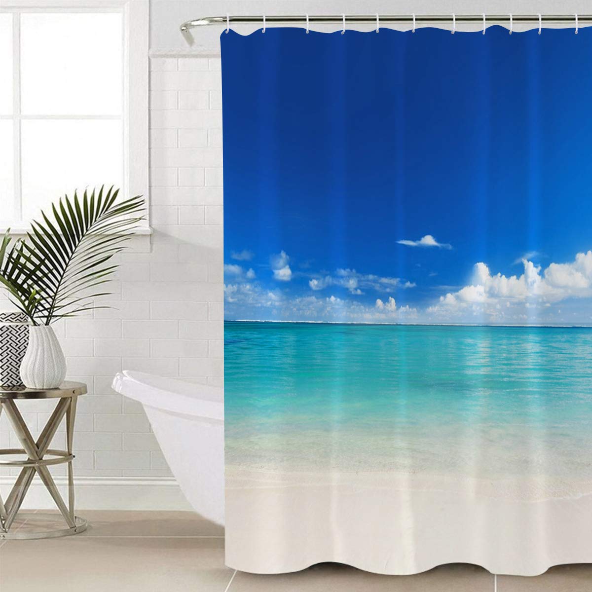 Greday Waterproof Polyester Shower Curtain Set with Hooks - Blue Sky & Ocean Scenery Bathroom Decor (72x84 inches) for Bathtub, Beach House & Coastal Theme Bathrooms