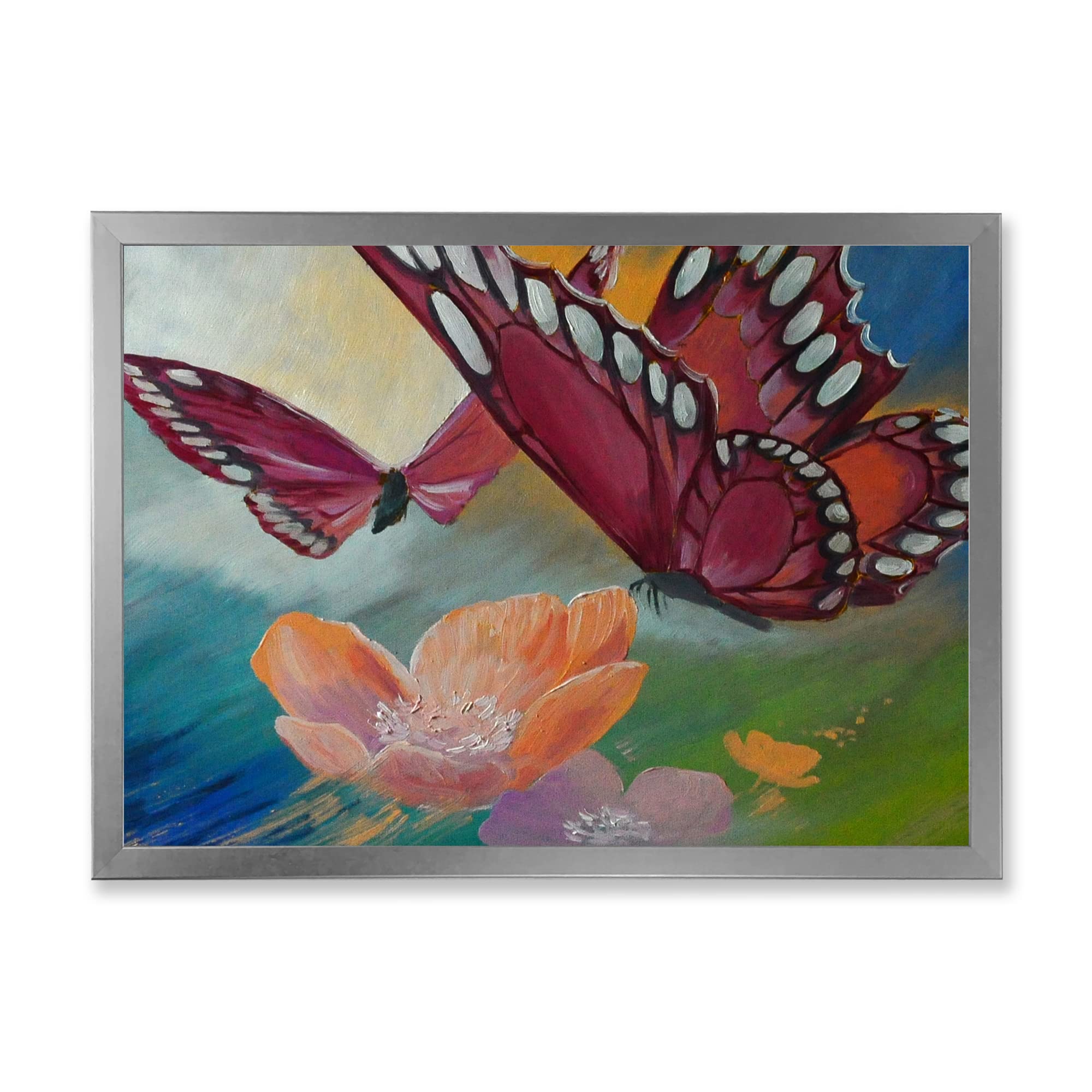 Traditional Framed Wall Art - Butterfly on Pink Flowers Painting for Home & Office Decor | Elegant Floral Canvas Print for Living Room, Bedroom, Dining Room