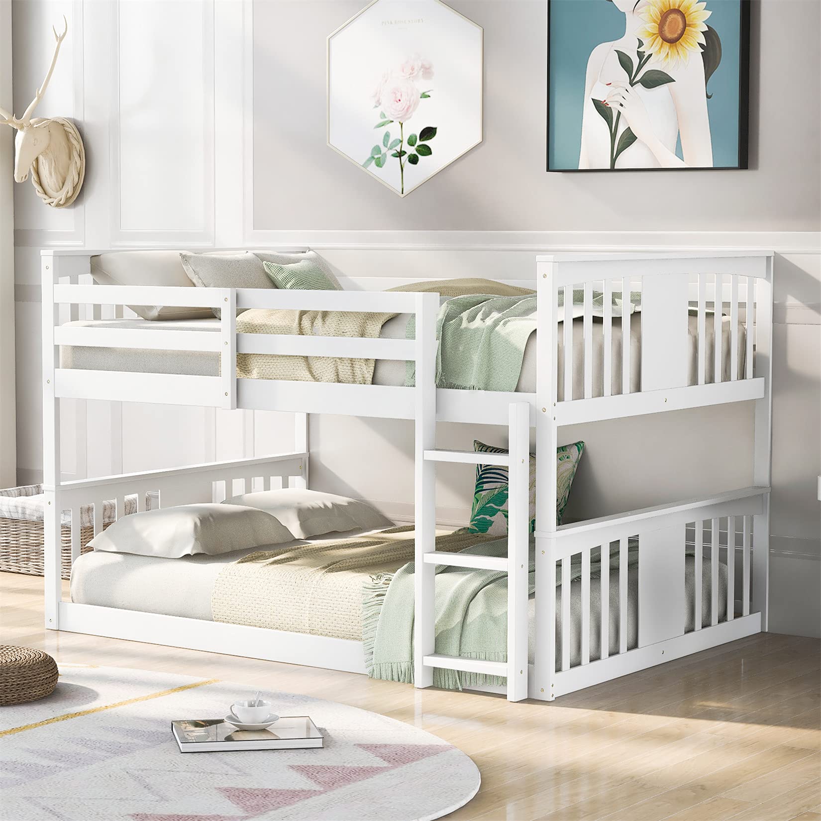 Full Over Full Wood Bunk Bed Frame - Low Profile Floor Bunk Bed for Kids, Teens & Adults - Space Saving Twin Bunkbed for Bedroom, Dorm, Guest Room - Sturdy White Wooden Bunkbed for Siblings or Sleepovers