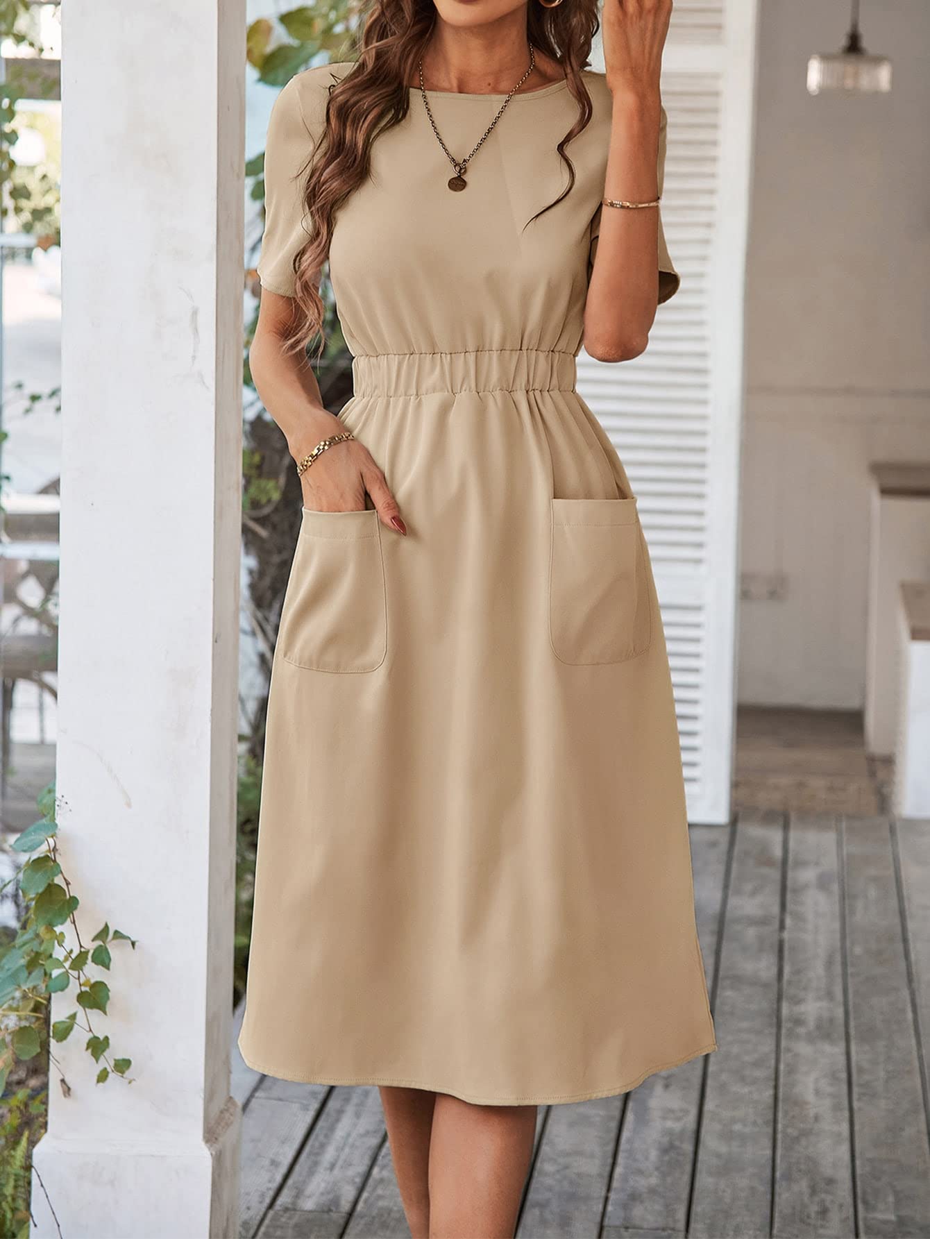 JANXLE Women's Casual Button Detail Tie Back Dress with Pockets - Khaki, Size Large - Perfect for Office, Date Night & Summer Outings