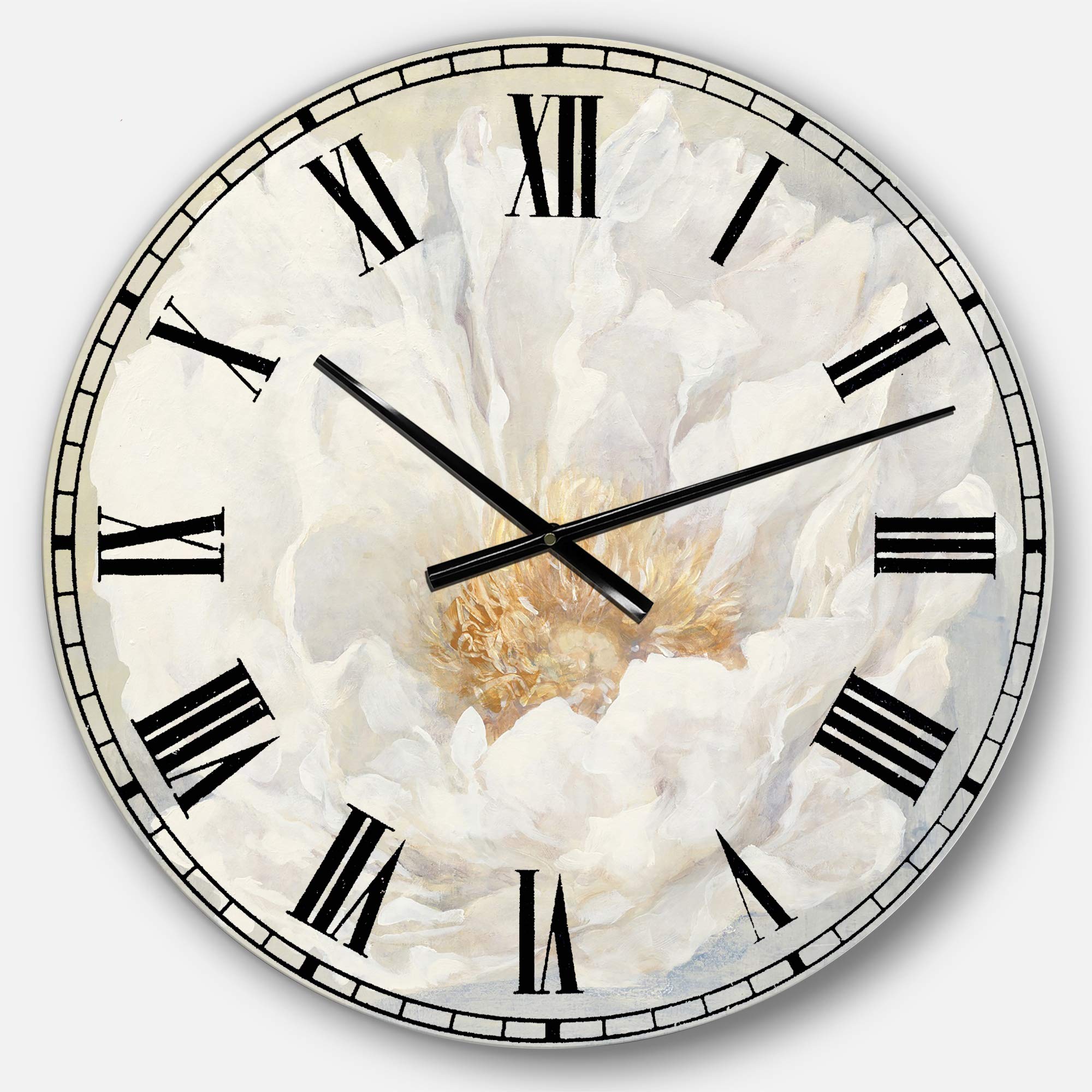 Designart White Serene Peony Wall Clock - Traditional Round Metal Wall Art for Home Decor, Living Room, Bedroom & Office | Perfect for Boho, Farmhouse & Modern Interior Design Styles