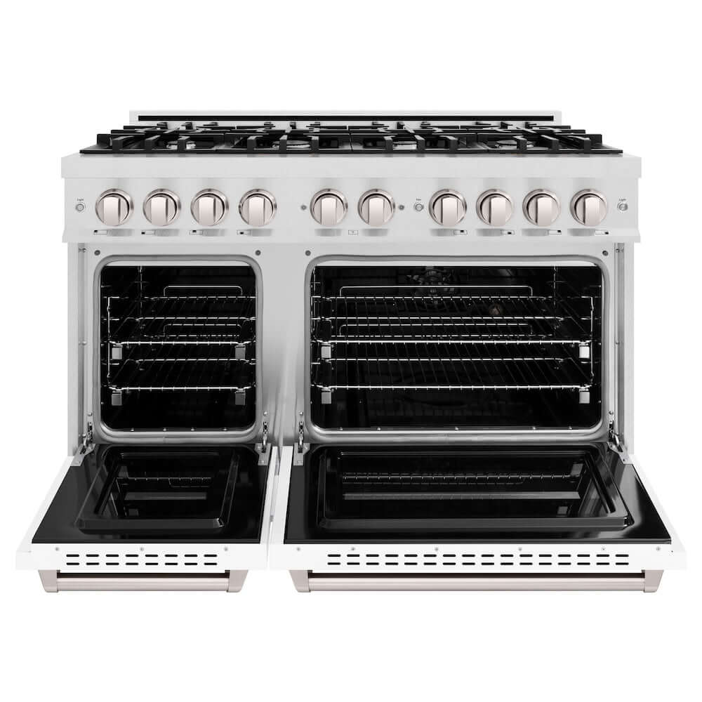 ZLINE 48-Inch 6.7 cu. ft. Professional Double Oven Gas Range with 8 Burner Cooktop - Satin Stainless Steel & White Matte Doors (CGRS WM 48) | Ideal for Large Kitchens, Home Chefs & Entertaining
