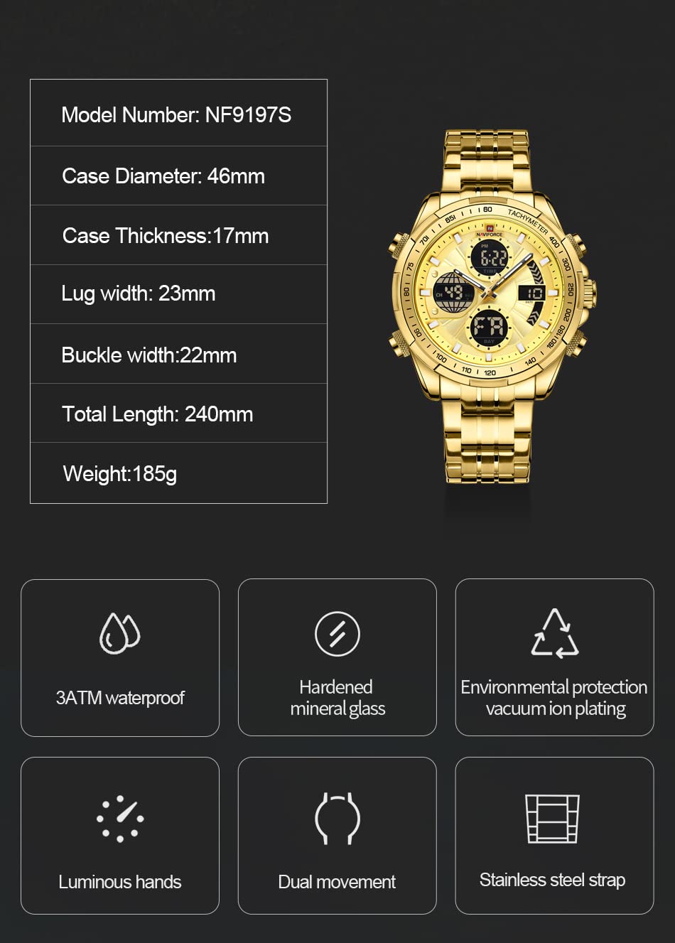 NAVIFORCE Men's Stainless Steel Waterproof Watch - Digital Analog Chronograph for Business & Military Use