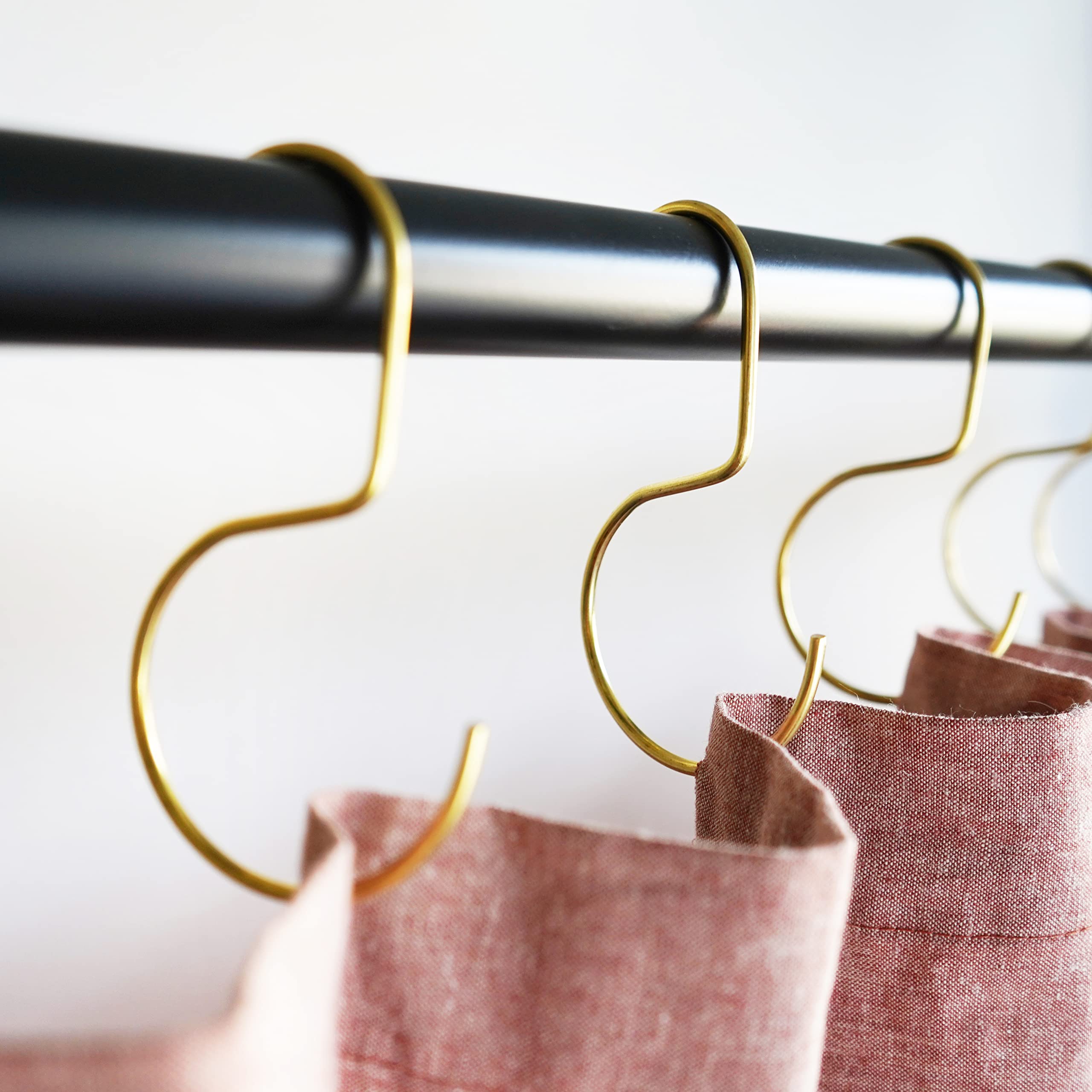 Minimalist Shower Curtain Hooks - Stainless Steel, Brass & Black Metal S Hooks - 12 Pack (Brass O-Hook) for Bathroom, Closet, Purse & Bag Organization - Durable Curtain Rings & Jean Hooks for Home Decor