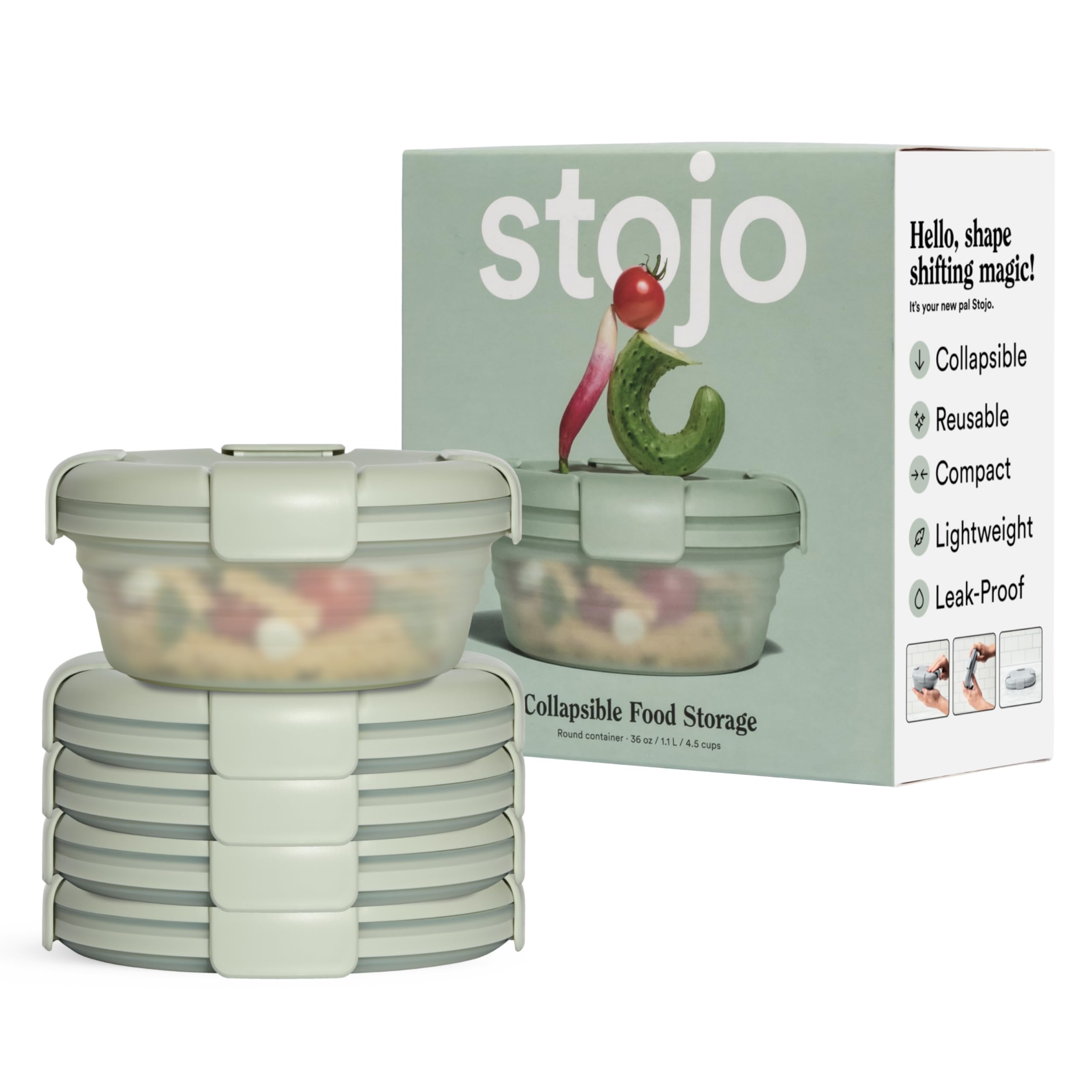 STOJO Collapsible Bowl 5-Piece Set - 36oz Reusable Silicone Food Container for Hot & Cold Meals - Microwave & Dishwasher Safe - Translucent Sage Green - Ideal for Travel, Camping, Hiking, Office Lunch & Meal Prep - Compact & Space-Saving Design