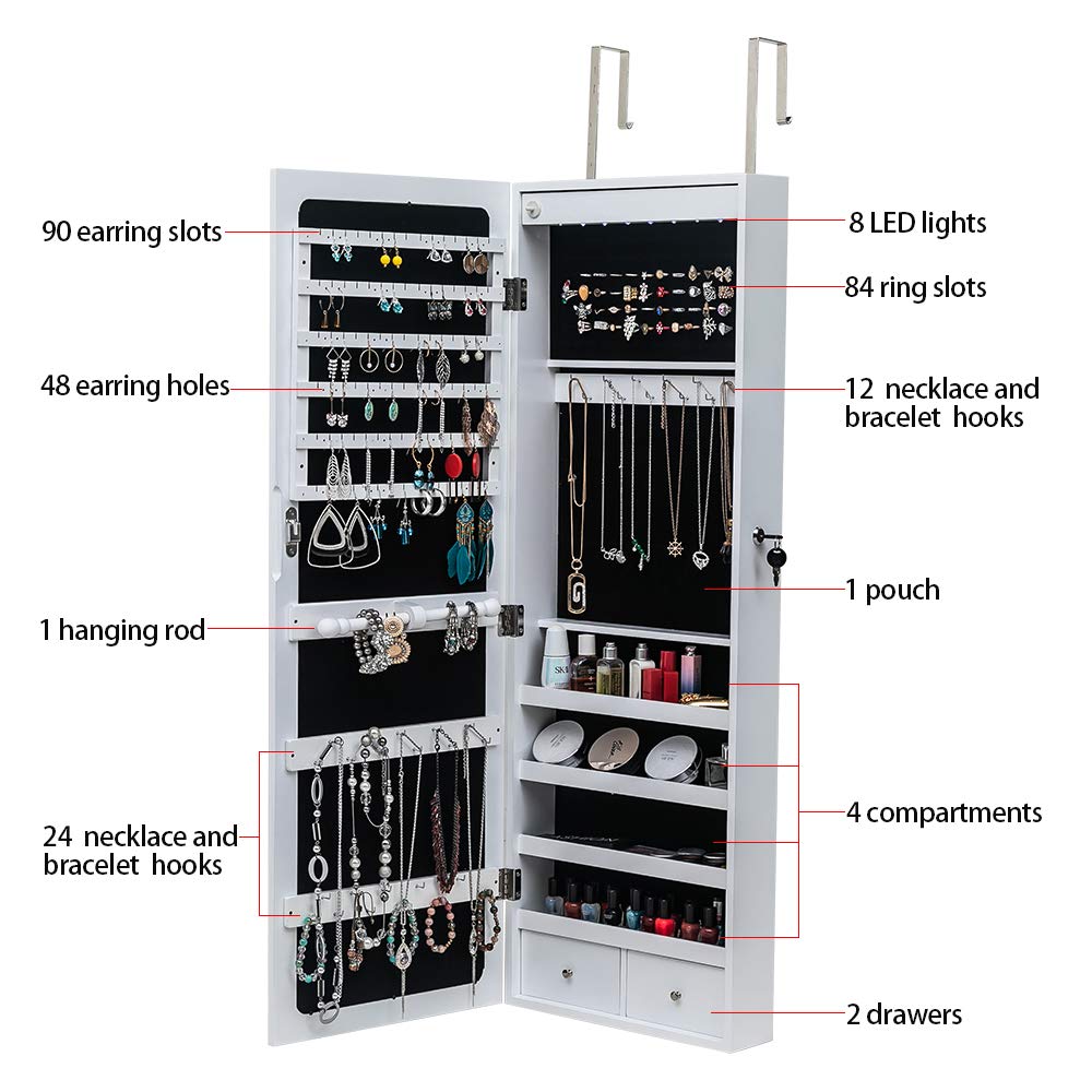 White Wall-Mounted Jewelry Armoire Cabinet with Full-Length Mirror, LED Lights & Lockable Drawers - Large Jewelry Organizer for Necklaces, Rings & Accessories - Perfect for Bedroom Closet or Walk-In Wardrobe Organization