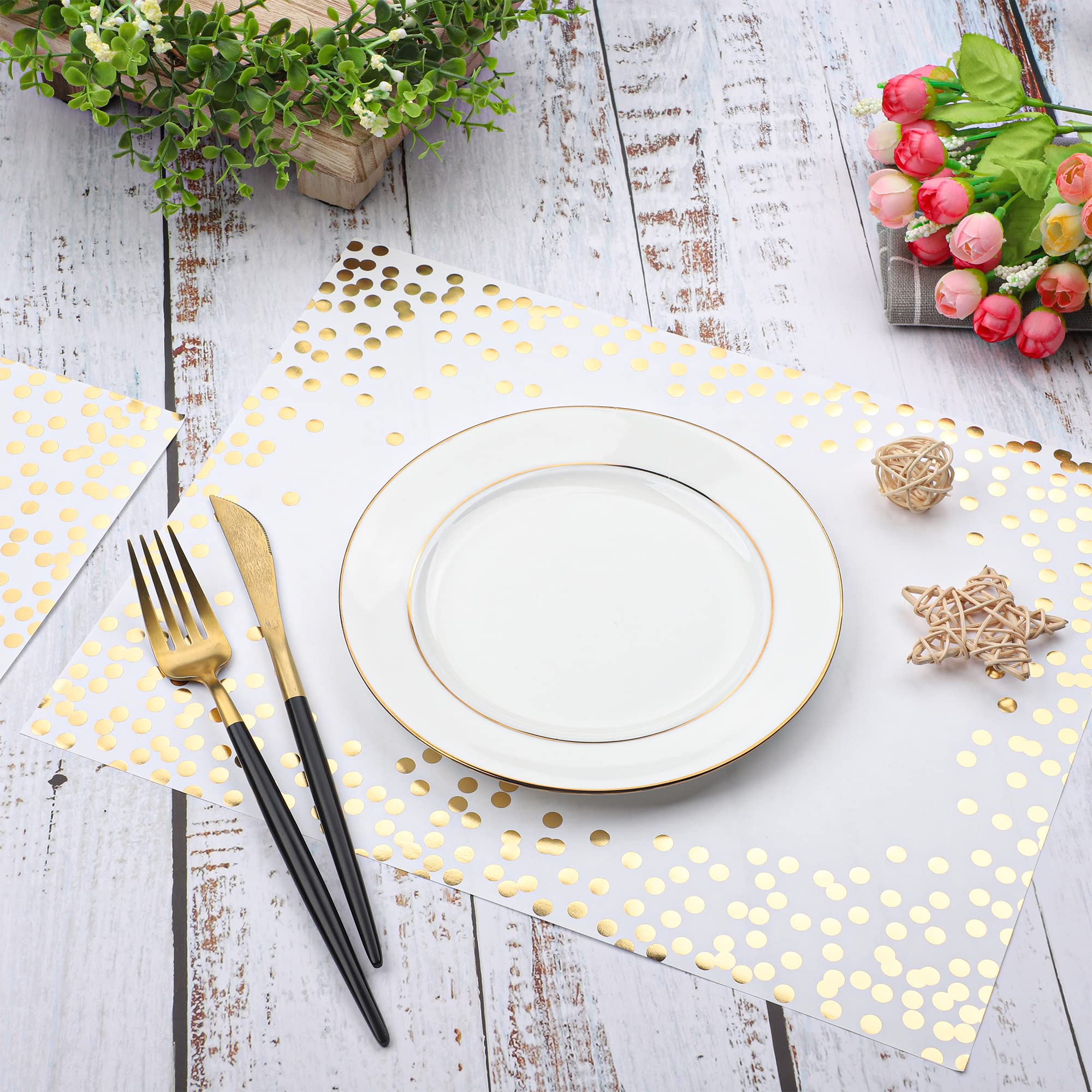 45-Piece Gold Foil Paper Placemats Set - White with Golden Dots Disposable Decorative Table Mats for Birthday, Wedding, Baby Shower & Party Dining Decor - Perfect for Holiday Gatherings, Dinner Parties and Special Events
