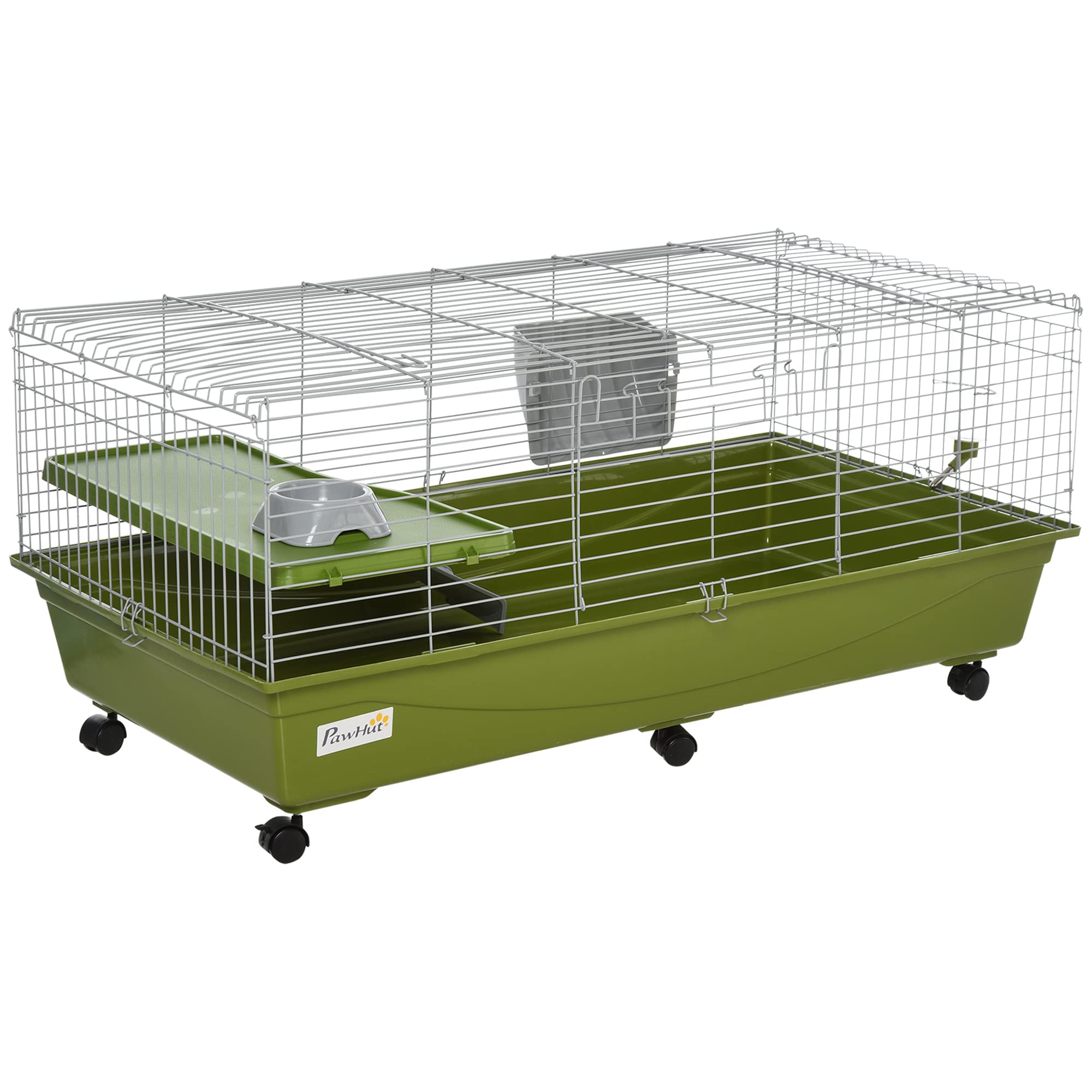 PawHut 47-Inch Small Animal Cage for Rabbits, Guinea Pigs, Ferrets & Chinchillas - Rolling Pet Enclosure with Food Dish, Water Bottle, Hay Feeder, Platform & Ramp - Perfect for Indoor/Outdoor Use in Home, Garden or Patio (Green)