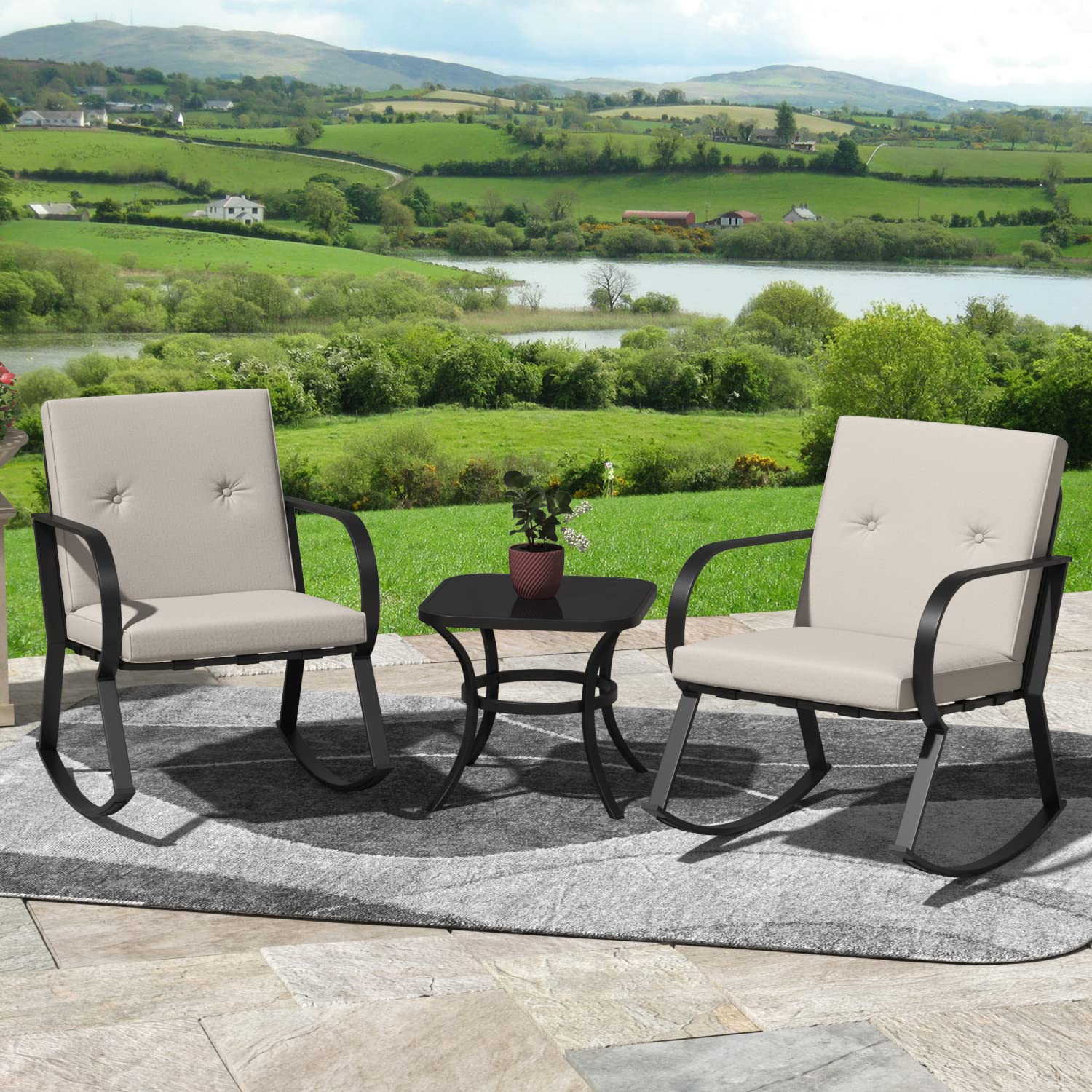 **Flamaker 3-Piece Outdoor Rocking Chair Set – Upgraded Metal Bistro Chairs with Thickened Cushions & Coffee Table – Modern Patio Furniture for Porch, Balcony, Lawn, Garden & Backyard (Beige) – Perfect for Relaxing, Entertaining & Outdoor Dining**