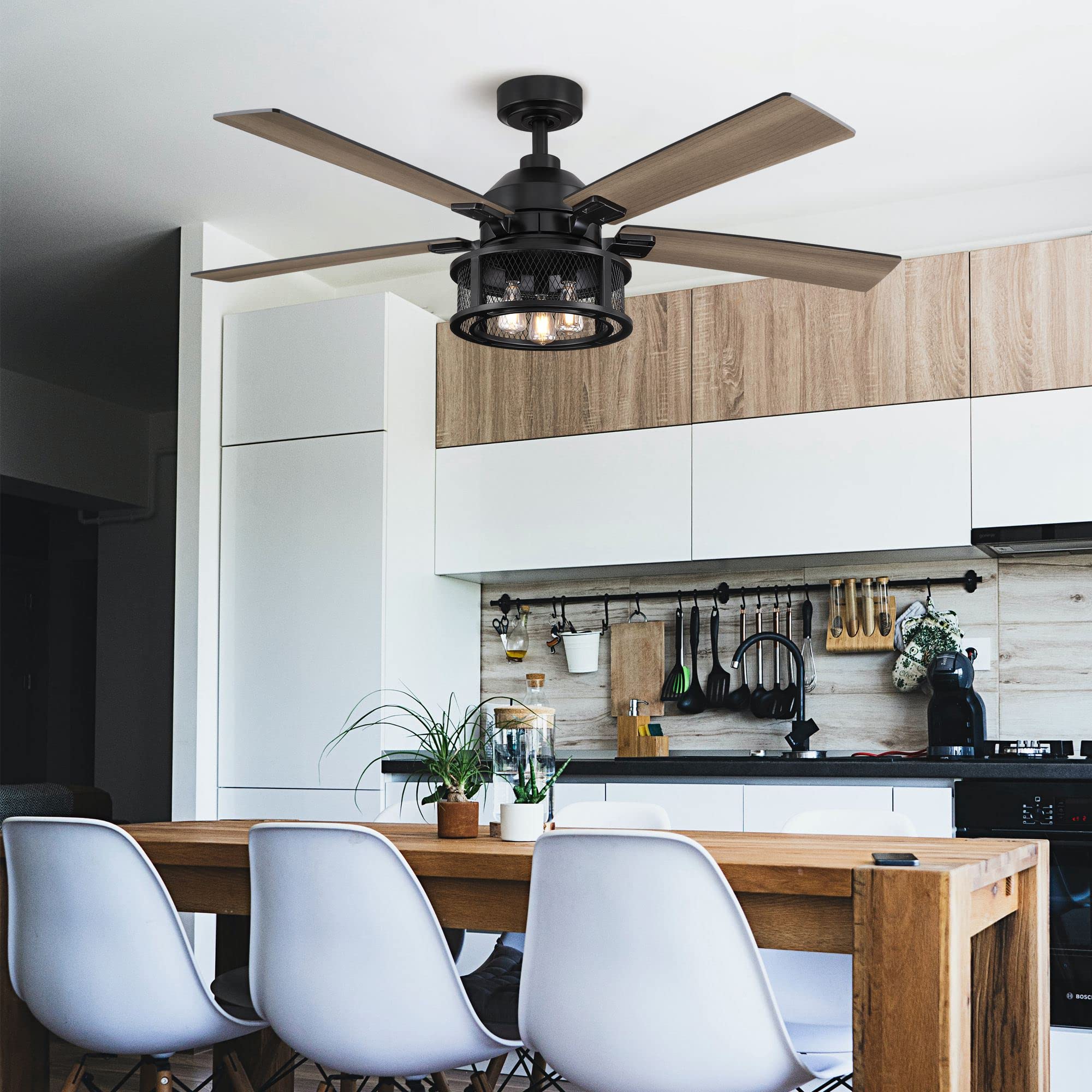 52 Inch Black Farmhouse Ceiling Fan with Remote Control, LED Light and Reversible Blades - Rustic Indoor/Outdoor Ceiling Fan for Bedroom, Living Room, Patio - Perfect for Home Cooling and Stylish Decor