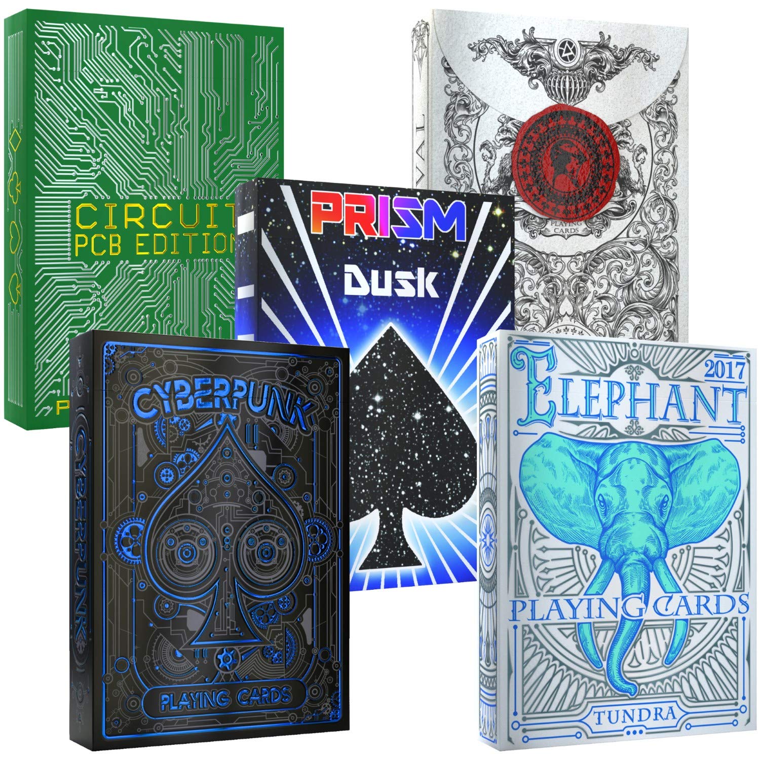 Premium 5-Deck Playing Cards Bundle: Elephant Tundra, Cyberpunk Blue, Prism Dusk, Medieval Black & Circuit PCB - Poker Cards for Game Nights, Magic Tricks & Collectors | Save 20%