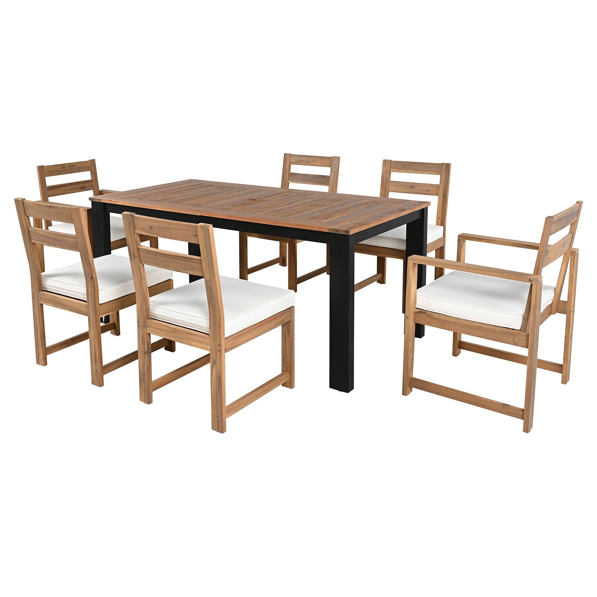 7-Piece Outdoor Patio Dining Set - Wooden Table with Umbrella Hole & 6 Chairs (2 Armchairs + 4 Side Chairs) for Garden, Backyard, Poolside - Perfect for BBQs, Family Gatherings & Outdoor Entertaining