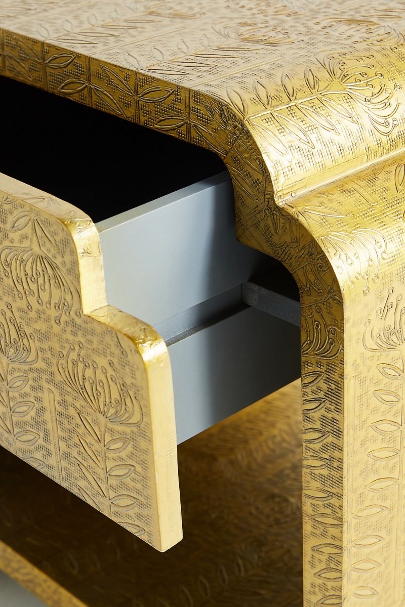 Hand Embossed Lotus Nightstand - Brass Golden Metal Bedside Table with Indian Carvings | Vintage Bedroom Furniture for Master Bedroom, Guest Room & Meditation Space