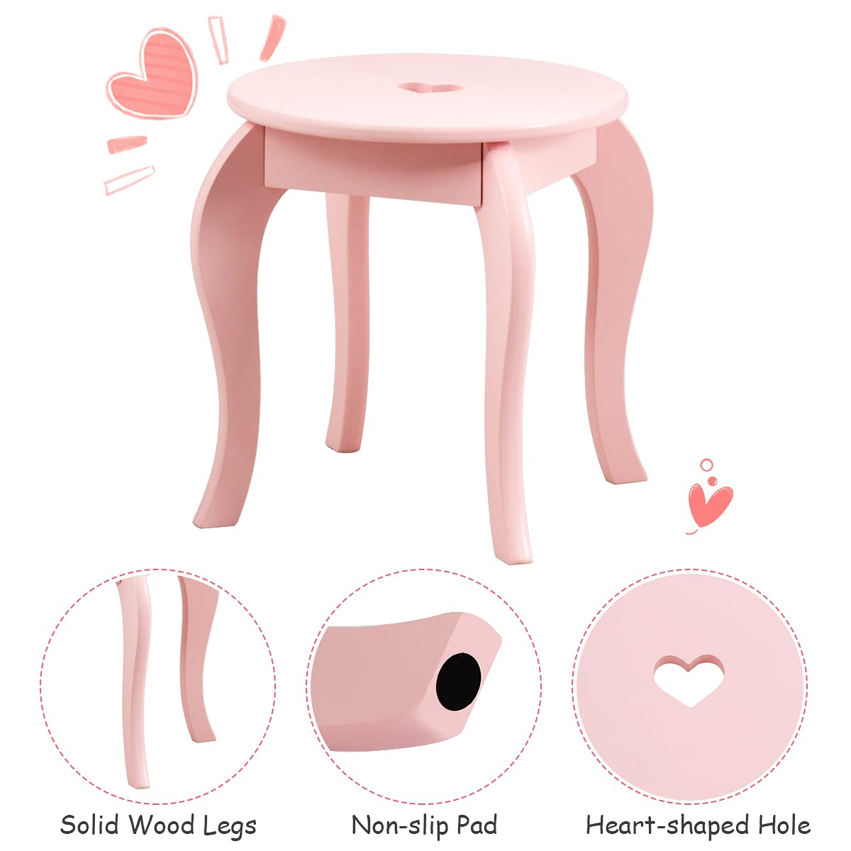 HONEY JOY Pink Kids Vanity Set with Mirror & Stool - Wooden Toddler Makeup Dressing Table with Removable Top & Drawer - Princess Pretend Play Beauty Set for Little Girls - Perfect for Birthday Gifts, Bedroom Decor & Role Play Activities