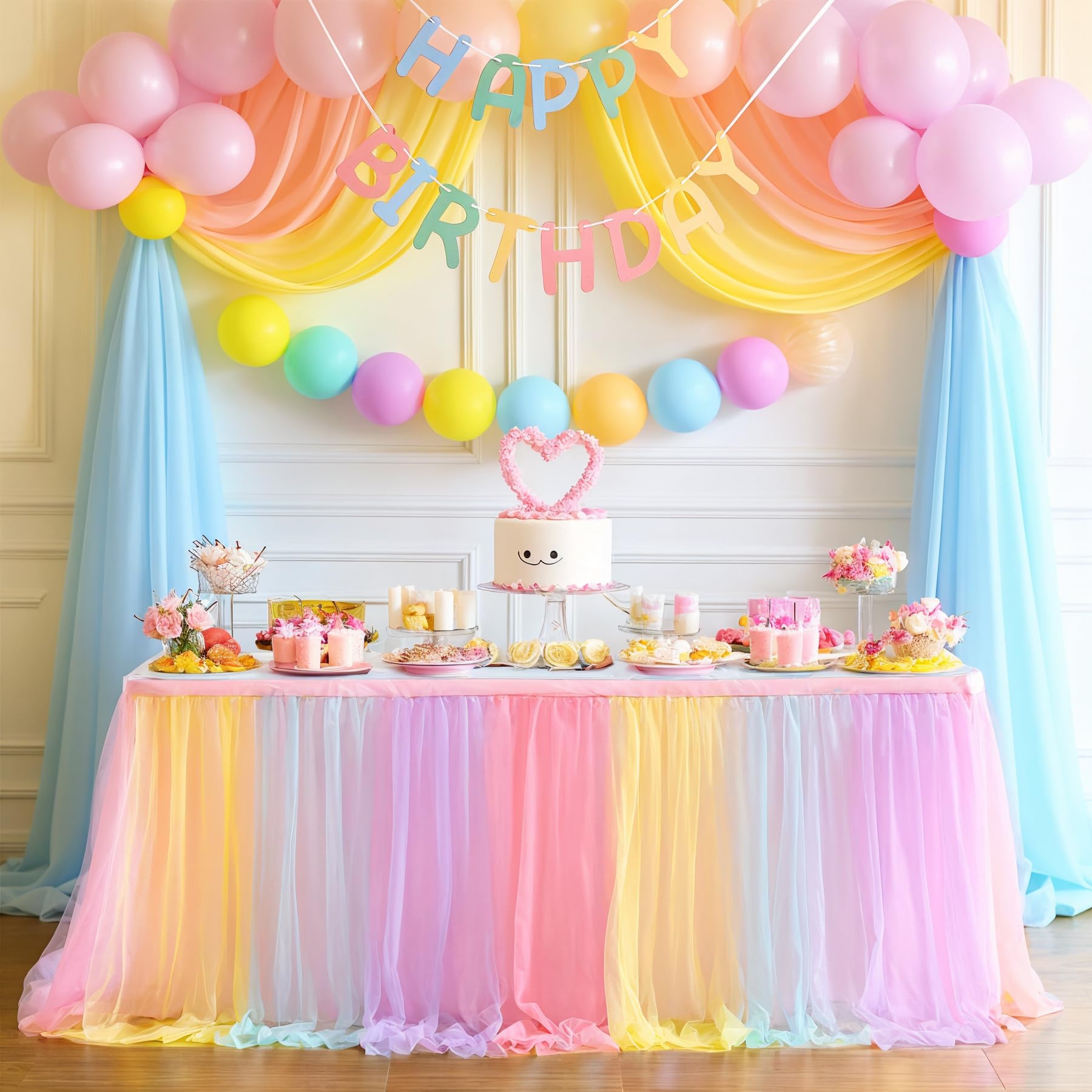14ft Rainbow Tulle Tutu Table Skirt for Baby Shower, Birthday Party & Gender Reveal - Colorful Unicorn Theme Cake & Dessert Table Decor (14ft Length, 30in Height) - Perfect for Baby Showers, Birthday Celebrations & Themed Party Decorations
