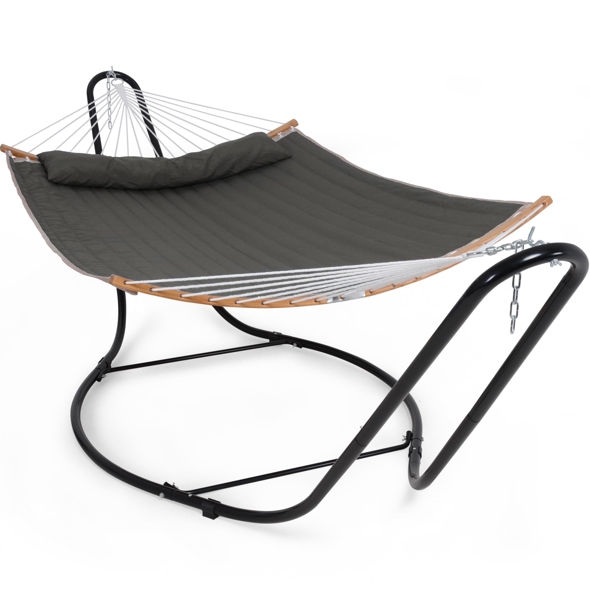 Premium Double Hammock with Stand - 2 Person Heavy Duty Hammock Set with Curved Spreader Bar (Dark Gray) - Perfect for Backyard, Patio, Camping & Outdoor Relaxation