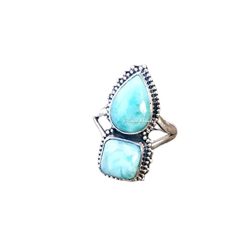 Larimar Ring Sterling Silver - Dominican Republic Stone Jewelry, Boho Vintage Style Promise Ring for Women, Unique Anniversary & Valentine's Day Gift - Perfect for Beach Weddings, Date Nights & Spiritual Healing