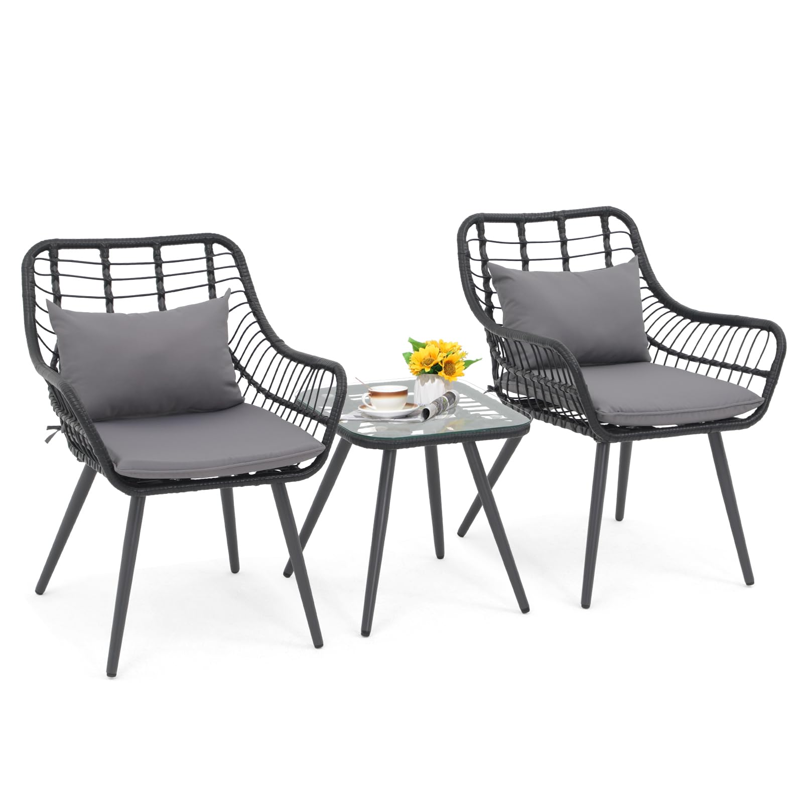 Verano Garden 3-Piece Patio Bistro Set - Outdoor Wicker Conversation Chairs with Cushions & Coffee Table - Perfect for Poolside, Balcony, Garden or Small Patio Furniture