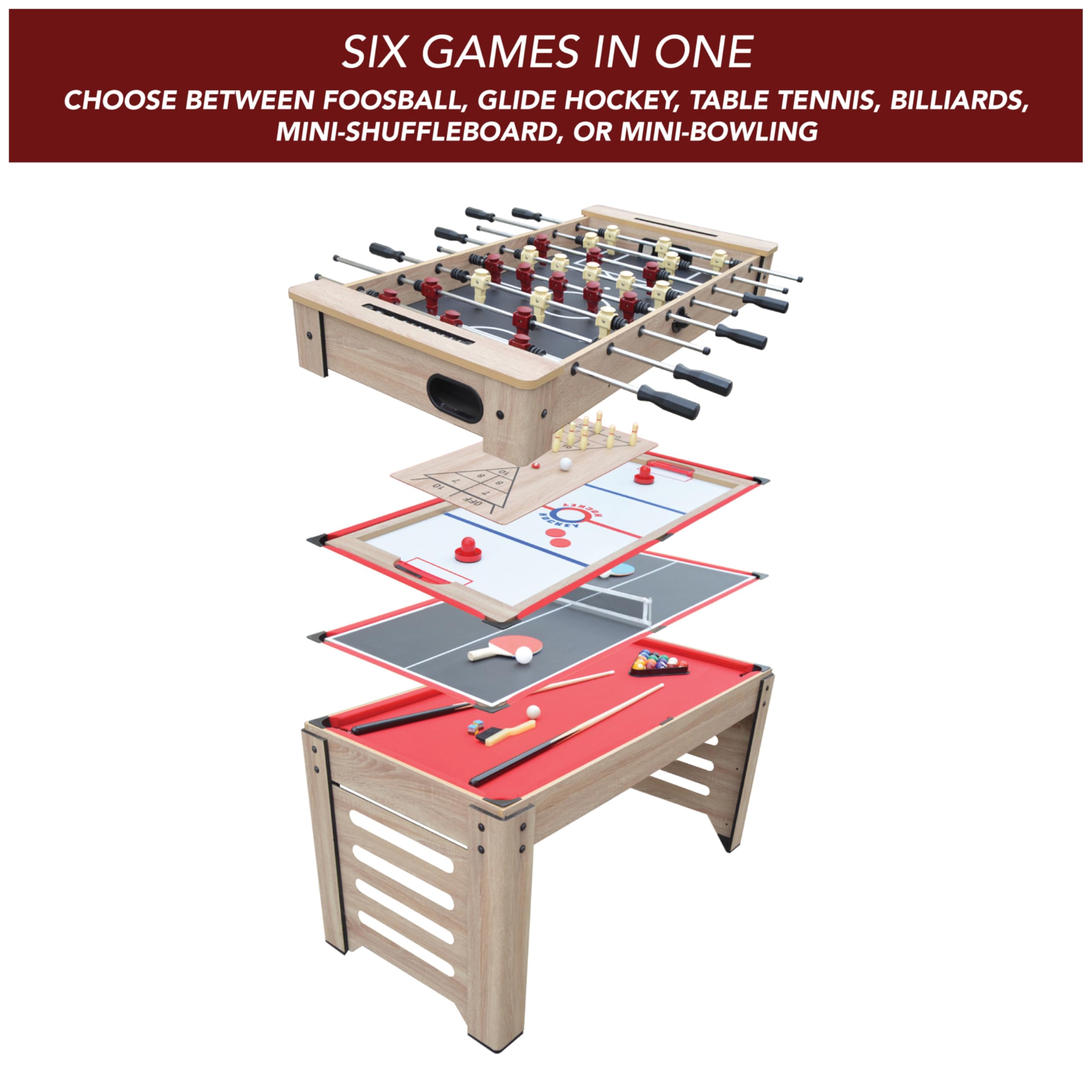 Hathaway Madison 54-inch 6-in-1 Multi-Game Table with Billiards, Foosball, Air Hockey, Table Tennis, Shuffleboard & Bowling - Perfect for Family Game Rooms, Basements & Entertainment Spaces