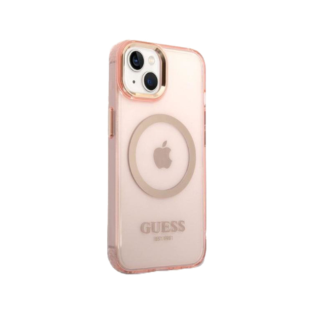 GUESS Ring Edition Shockproof Phone Case for iPhone 14 - Slim Protective Cover with Grip Ring Stand (Pink/Gold) - Perfect for Work, Travel & Everyday Use
