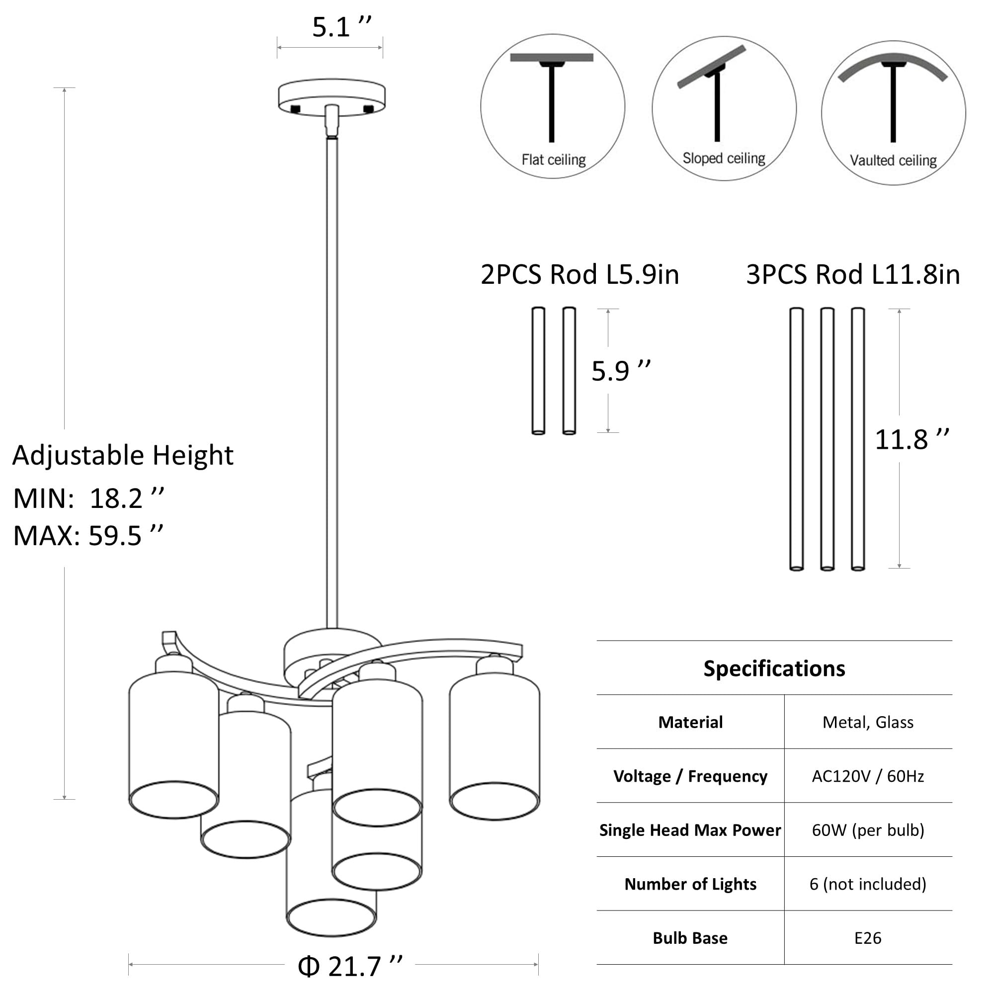 6-Light Brushed Nickel Chandelier - Adjustable Height Industrial Pendant Lighting with Clear Glass Shade for Dining Room, Kitchen Island & Bedroom | Perfect for Modern Farmhouse, Loft & Industrial Style Decor
