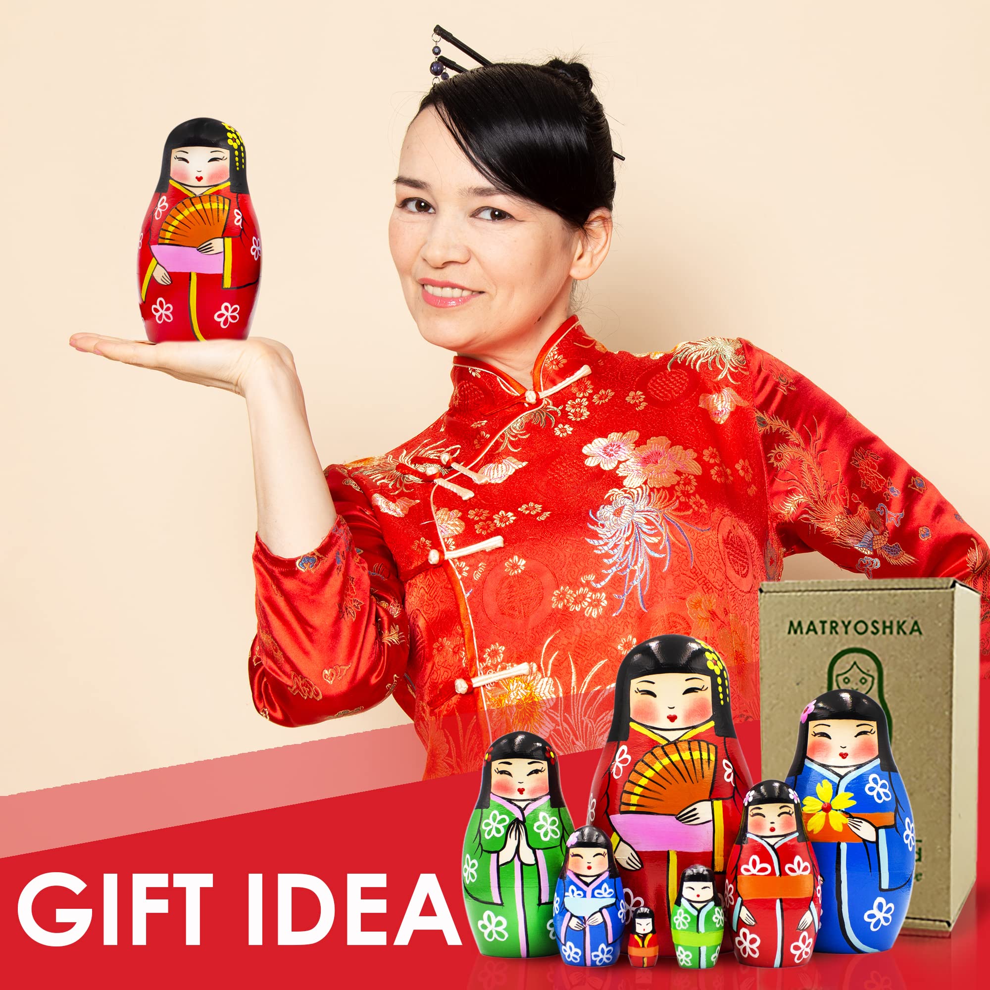Japanese Nesting Dolls Set of 7 pcs - Hand-Painted Wooden Kokeshi Dolls in Traditional Kimono - Authentic Matryoshka, Geisha & Daruma Dolls - Unique Japanese Home Decor for Living Room, Office & Gift Giving
