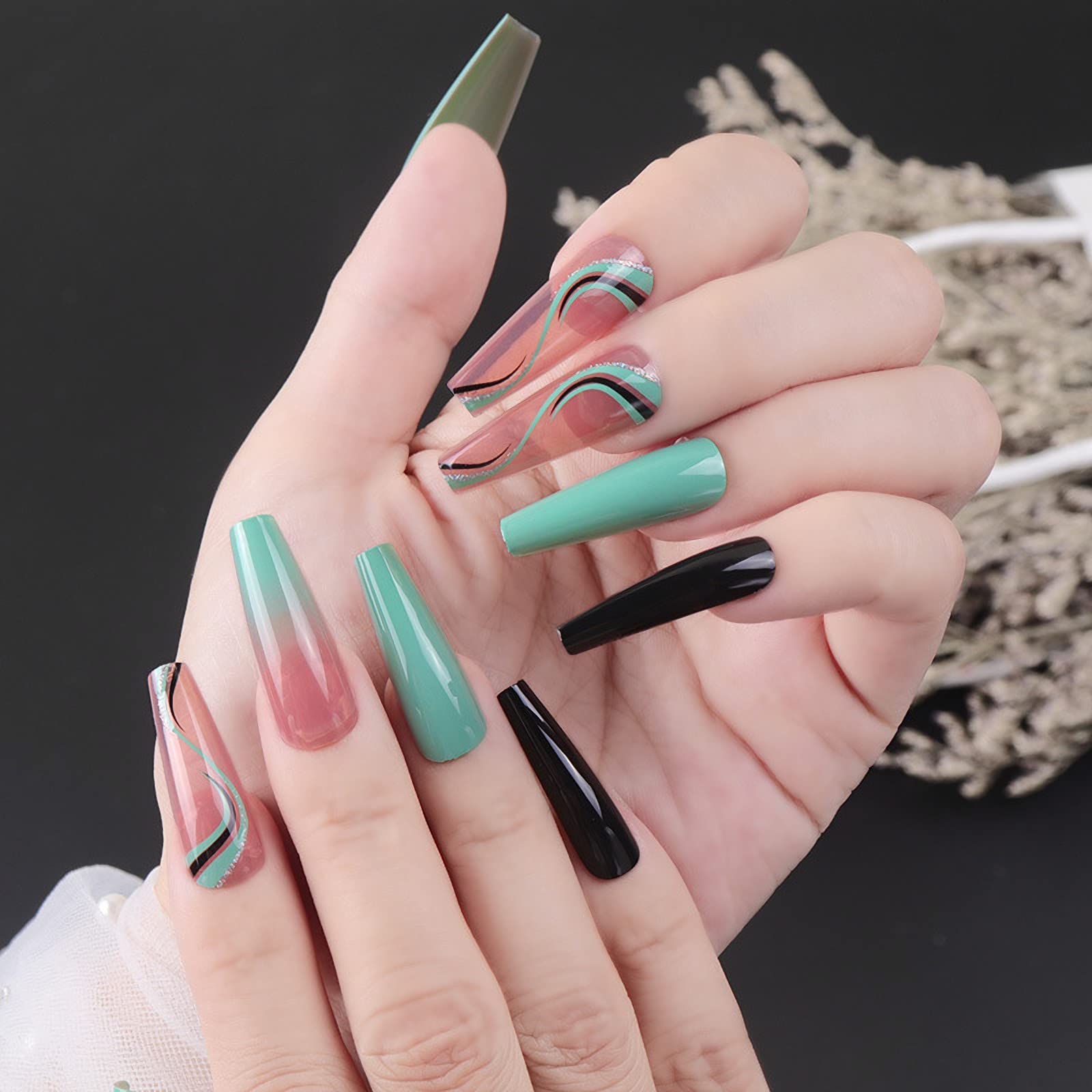 BABALAL Glossy Press on Nails - Long Ballerina Full Cover Tips with Swirl UV Gel Design, Abstract Nail Art for Women & Girls | Perfect for Parties, Weddings, and Special Occasions
