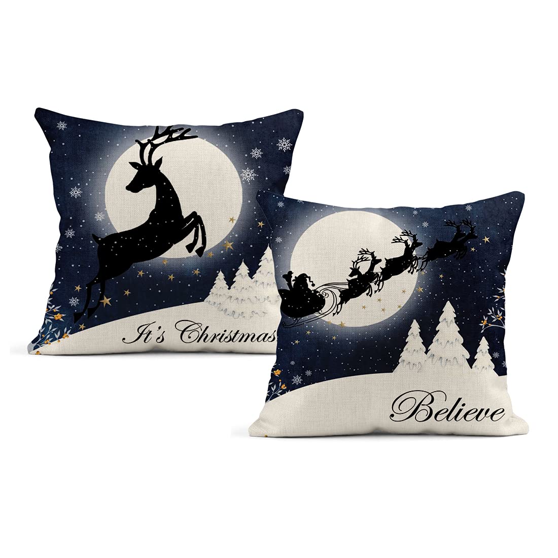 Set of 2 Blue Christmas Linen Throw Pillow Covers 20x20 Inch - Santa Claus & Elk Silhouette Designs for Sofa, Bed & Home Decor | Holiday Living Room & Bedroom Accent Pillowcases