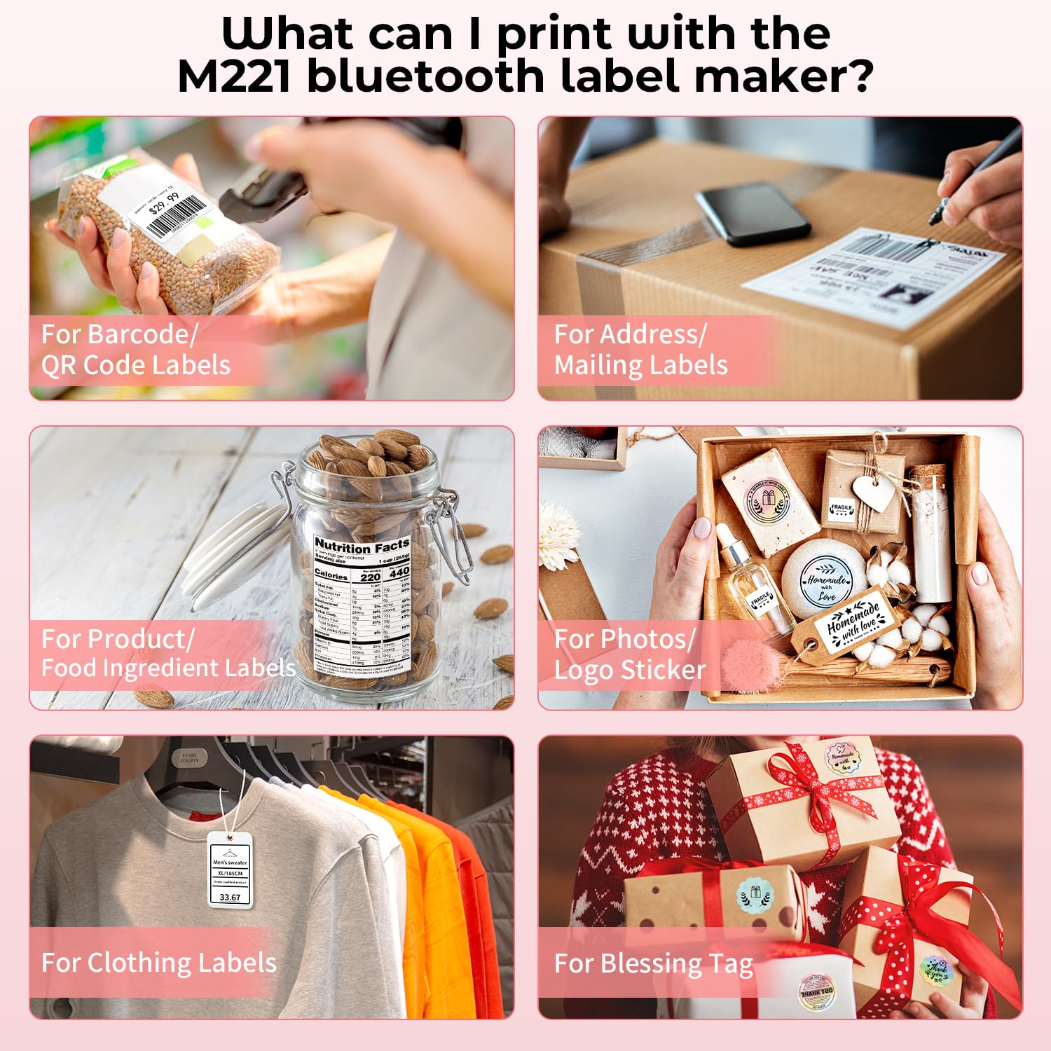 M221 Label Maker - 3 Inch Pink Bluetooth Thermal Label Printer for Small Business, Crafts, Clothing & Food Packaging | Portable, Easy to Install | Works with Phone & PC | Includes 3 Roll Paper Set | Perfect for Retail, Shipping & Organization