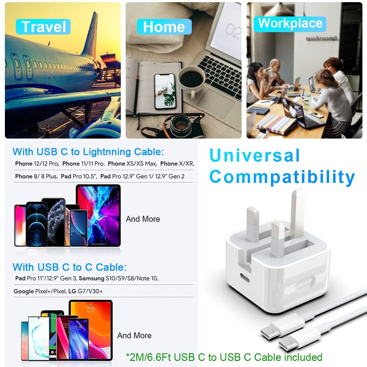 20W USB C Fast Charger & Power Adapter with 2M Cable - Compatible with iPad Pro 12.9