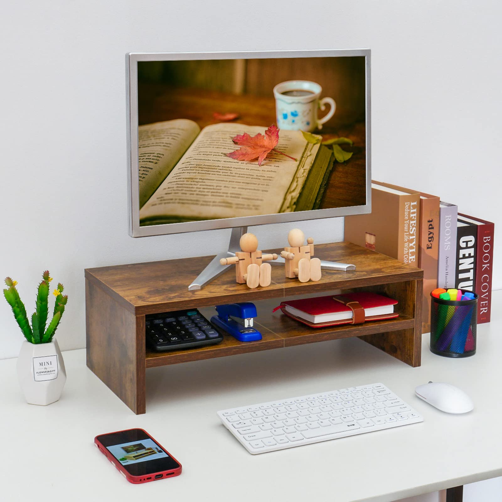 TEAMIX 2-Tier Wooden Monitor Stand Riser with Storage - Laptop Stand for Desk, Computer Monitor Riser for TV/Printer/Keyboard - Home Office Desk Organizer Shelf for Workspace & Gaming Setup