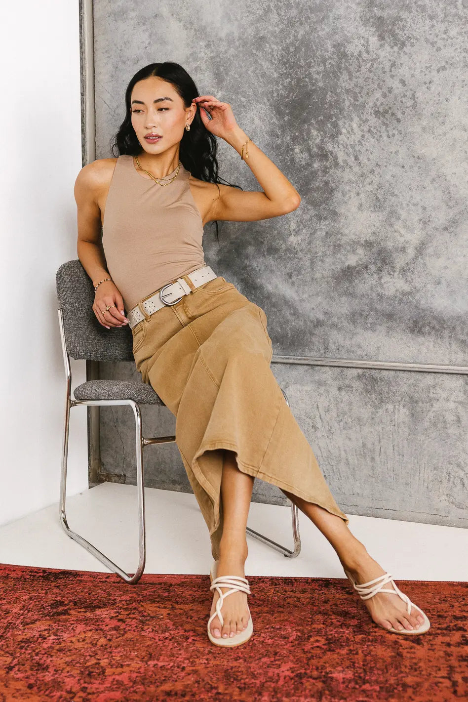 Harley Denim Midi Skirt for Women - Mocha Brown High Waist A-Line Denim Skirt | Vintage Style Casual Skirt | Perfect for Spring Outfits, Date Nights & Office Wear