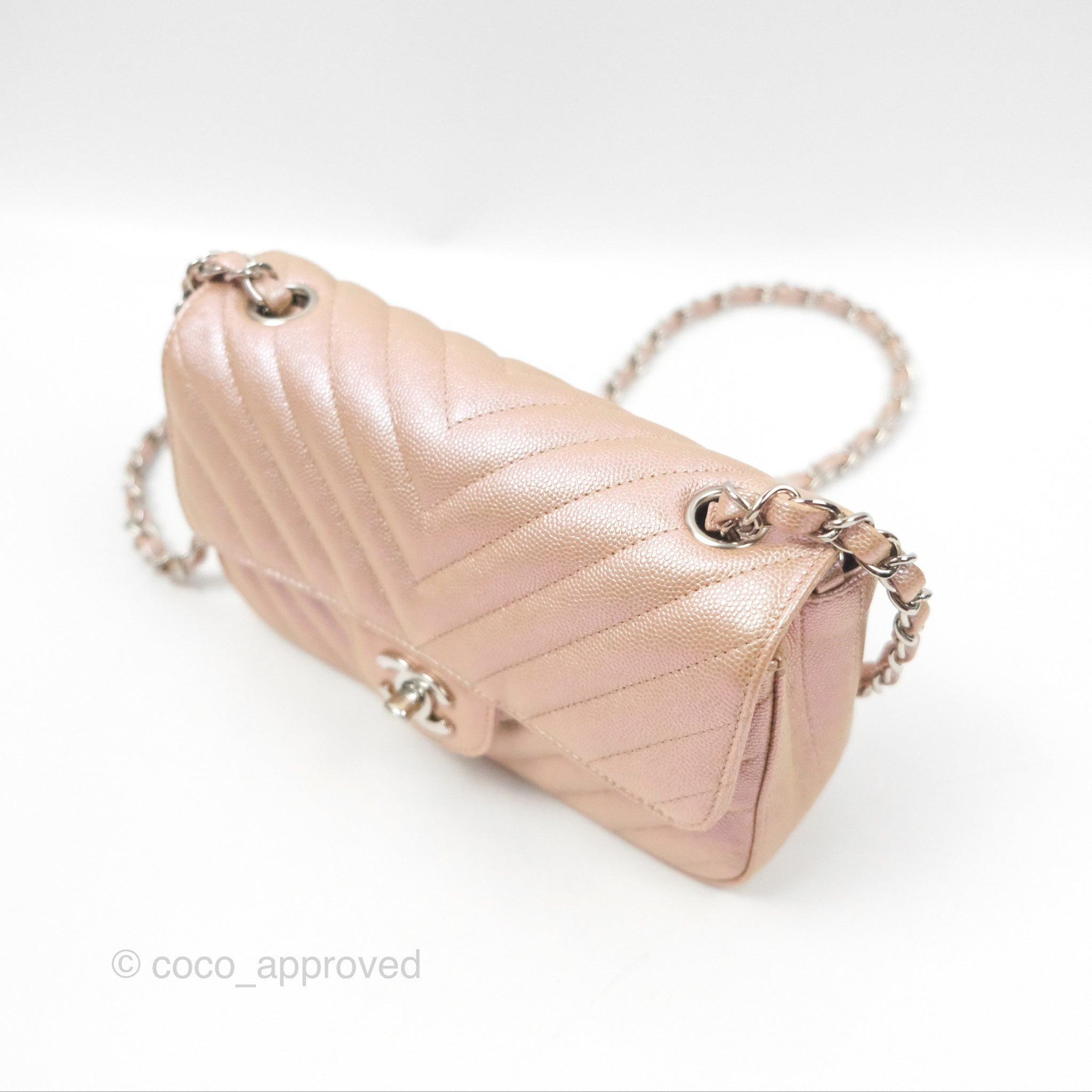 Chanel Chevron Mini Rectangular Flap Bag in Iridescent Rose Gold Caviar Leather with Ruthenium Hardware - Perfect for Evening Events & Luxury Fashion Accessories