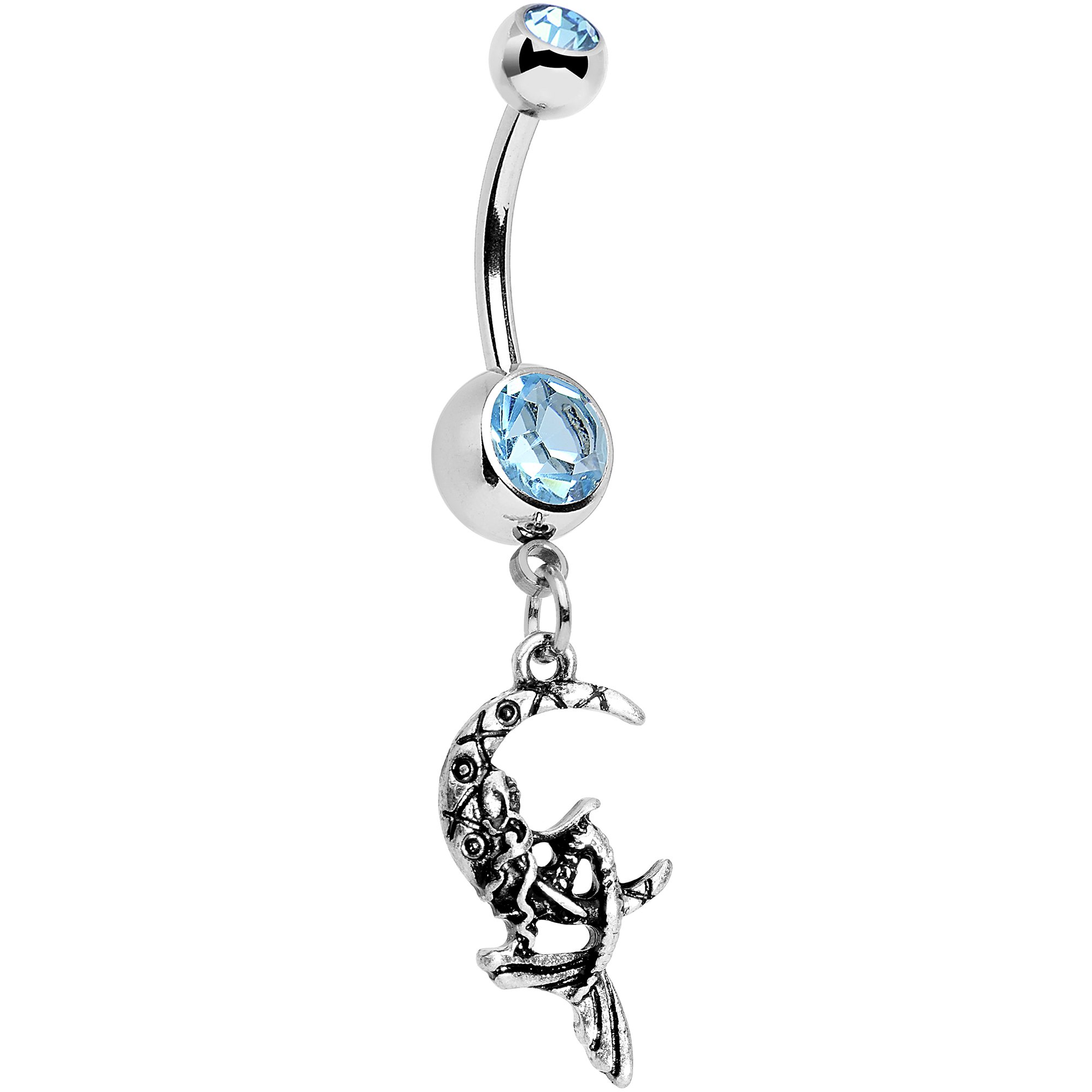 Stainless Steel Belly Ring - Brilliant Blue Moon & Mermaid Dangle Body Jewelry for Women | Perfect for Beach Parties, Summer Outfits & Belly Piercing Fashion