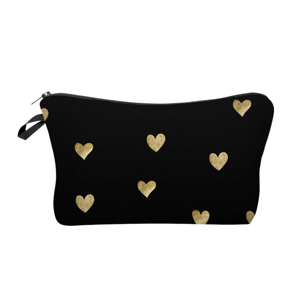 Lurrose Small Makeup Bag with Golden Heart Print - Waterproof Cosmetic Pouch & Travel Toiletry Bag with Zipper (8.7x1.2x5.3 inches) - Perfect for Travel, Gym, and Daily Organizer