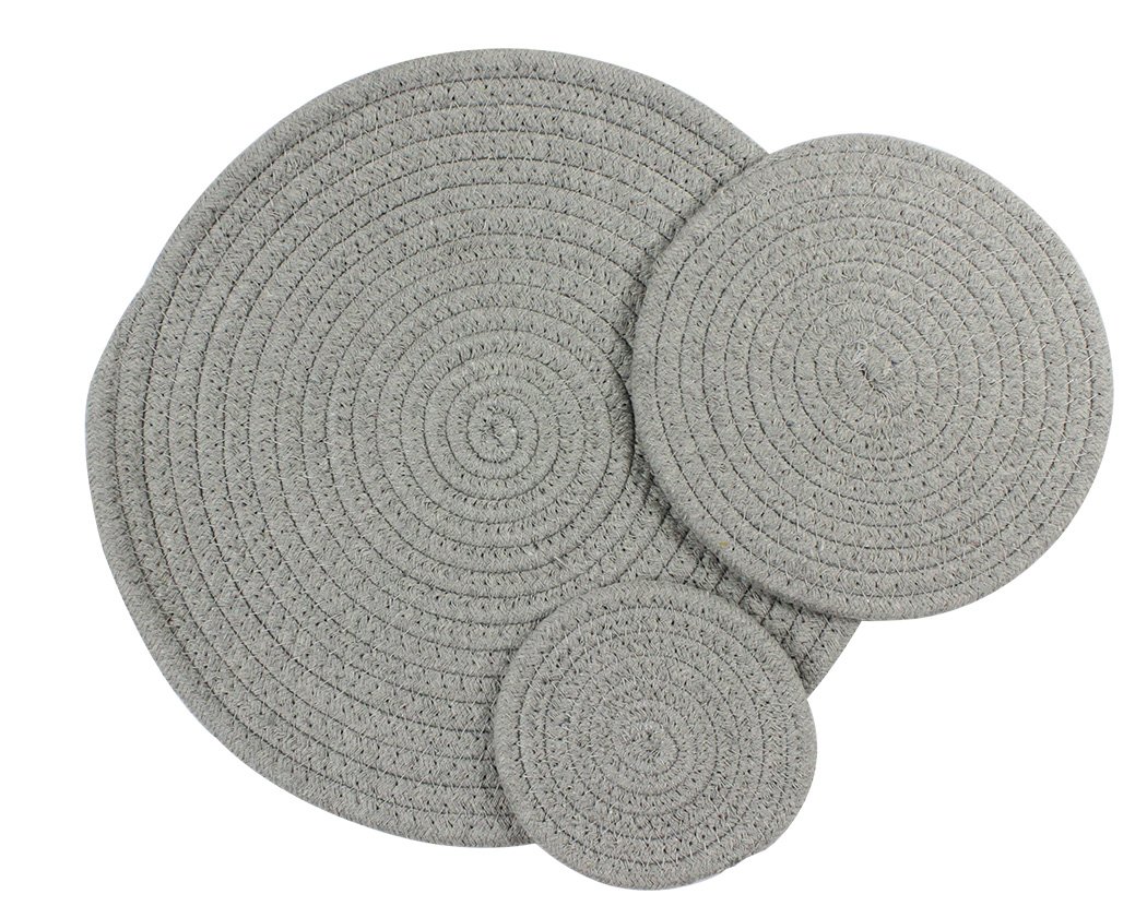 Stylish Round Woven Placemats Set of 3 - Gray Modern Table Mats for Dining, Kitchen & Home Decor - Large Medium Small Sizes - Waterproof & Easy Clean Table Protectors
