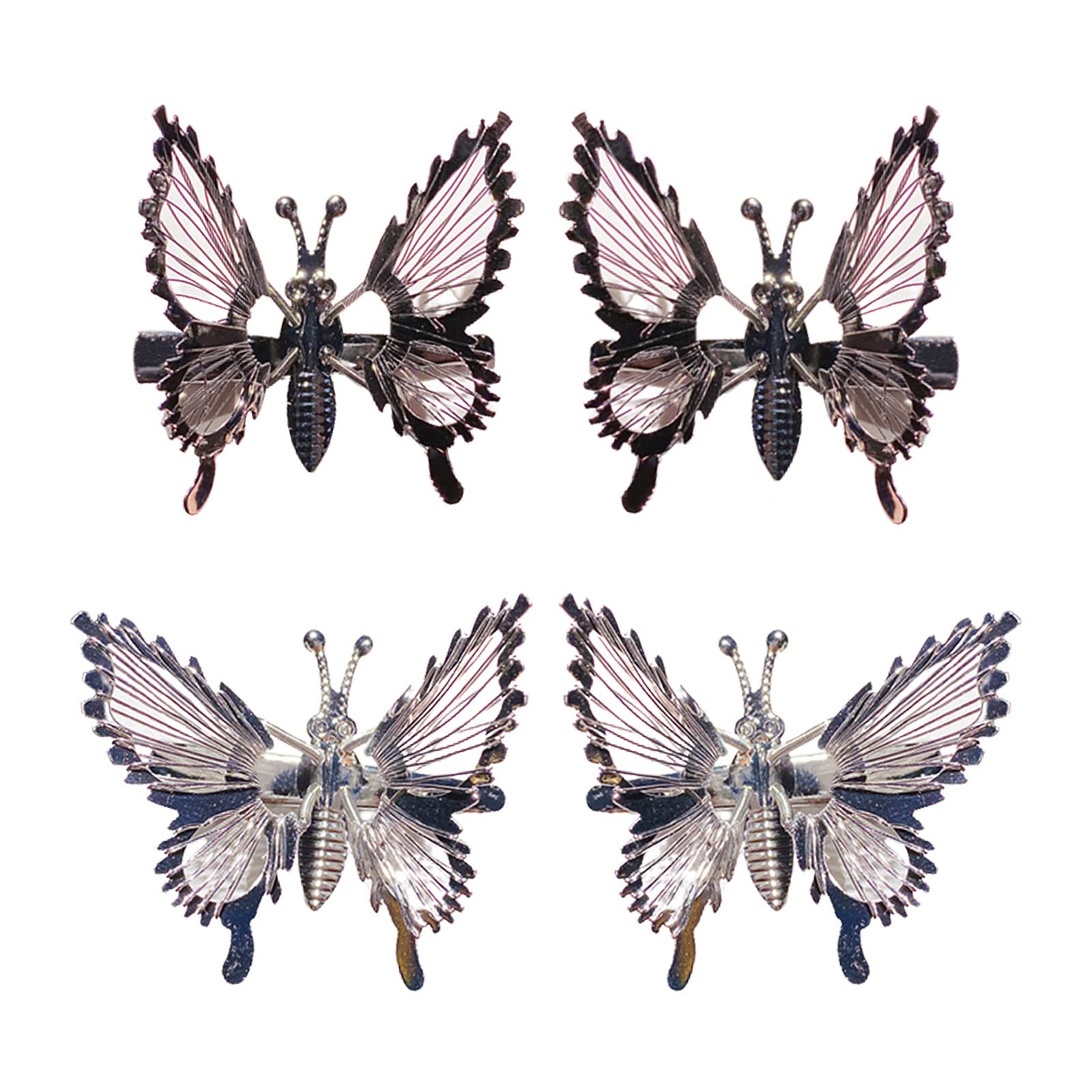 4 Pcs 3D Moving Butterfly Hair Clips - Metal Silver Hair Accessories with Fluttering Wings for Women & Girls | 90s Vintage Style Barrettes for Parties, Weddings & Everyday Wear (Color: B)