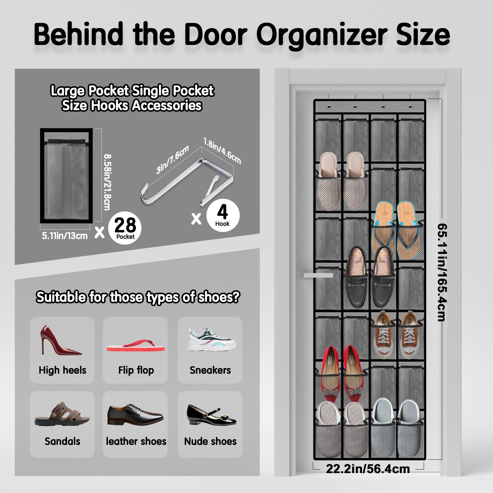 28-Pocket Breathable Mesh Over-the-Door Shoe Organizer for Men & Women - Space Saving Closet Storage Solution for Sneakers, Sandals & Boots (Gray) - Perfect for Bedrooms, Dorms & Entryways