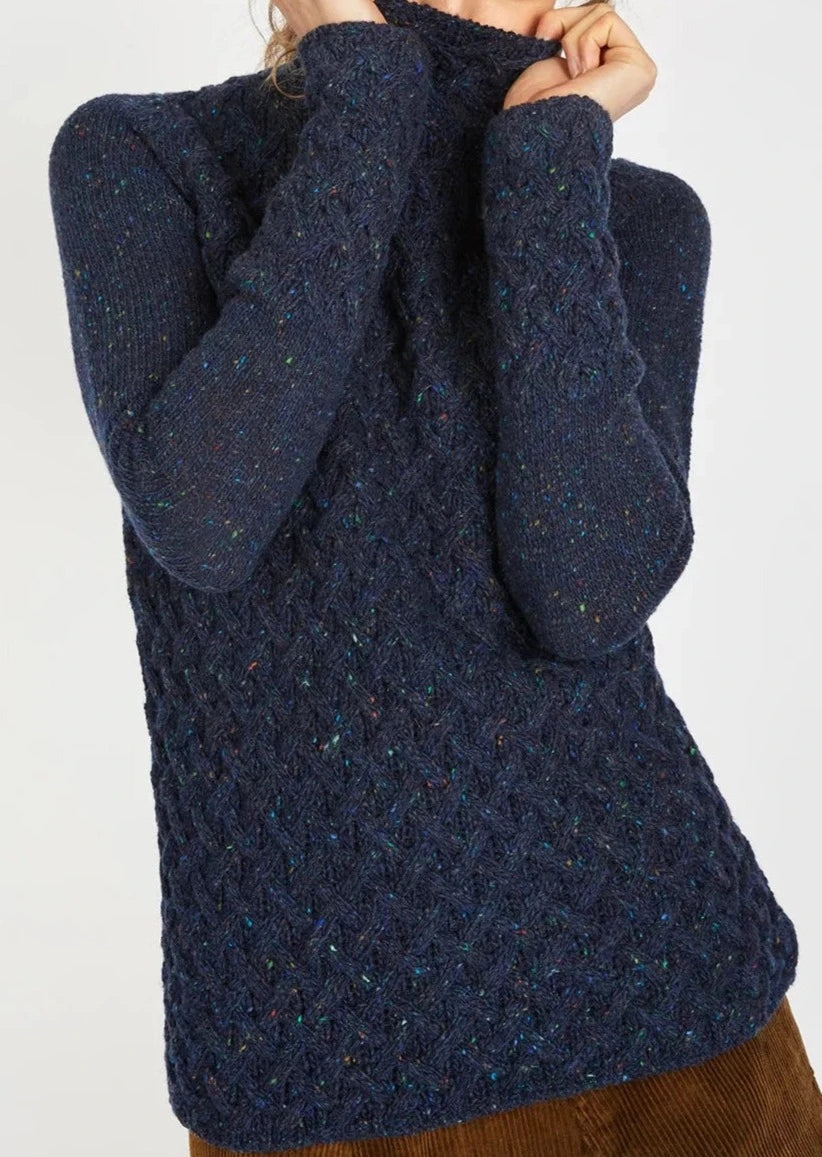 Ireland's Eye Women's Cable Knit Aran Sweater - Rich Navy Wool Pullover for Fall & Winter | Cozy Casual Wear, Office Outfits, Holiday Fashion