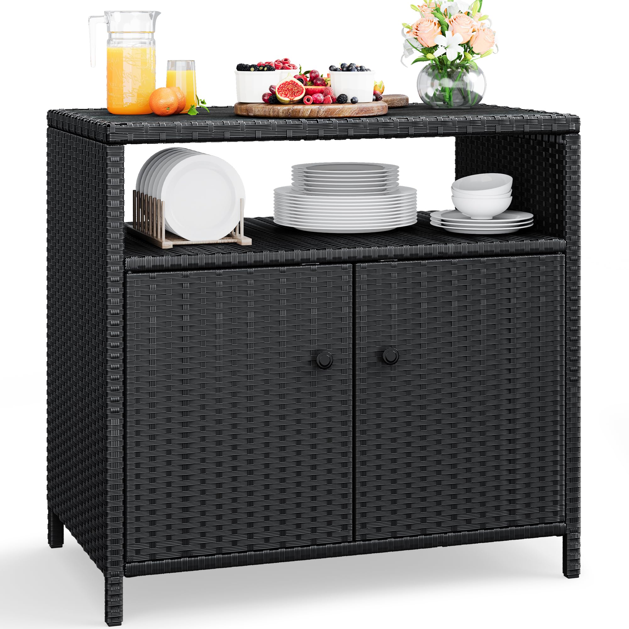 YITAHOME Outdoor Wicker Storage Cabinet with 2 Doors & Shelves - Weatherproof Patio Furniture for Poolside, Garden, and Backyard Organization - Black