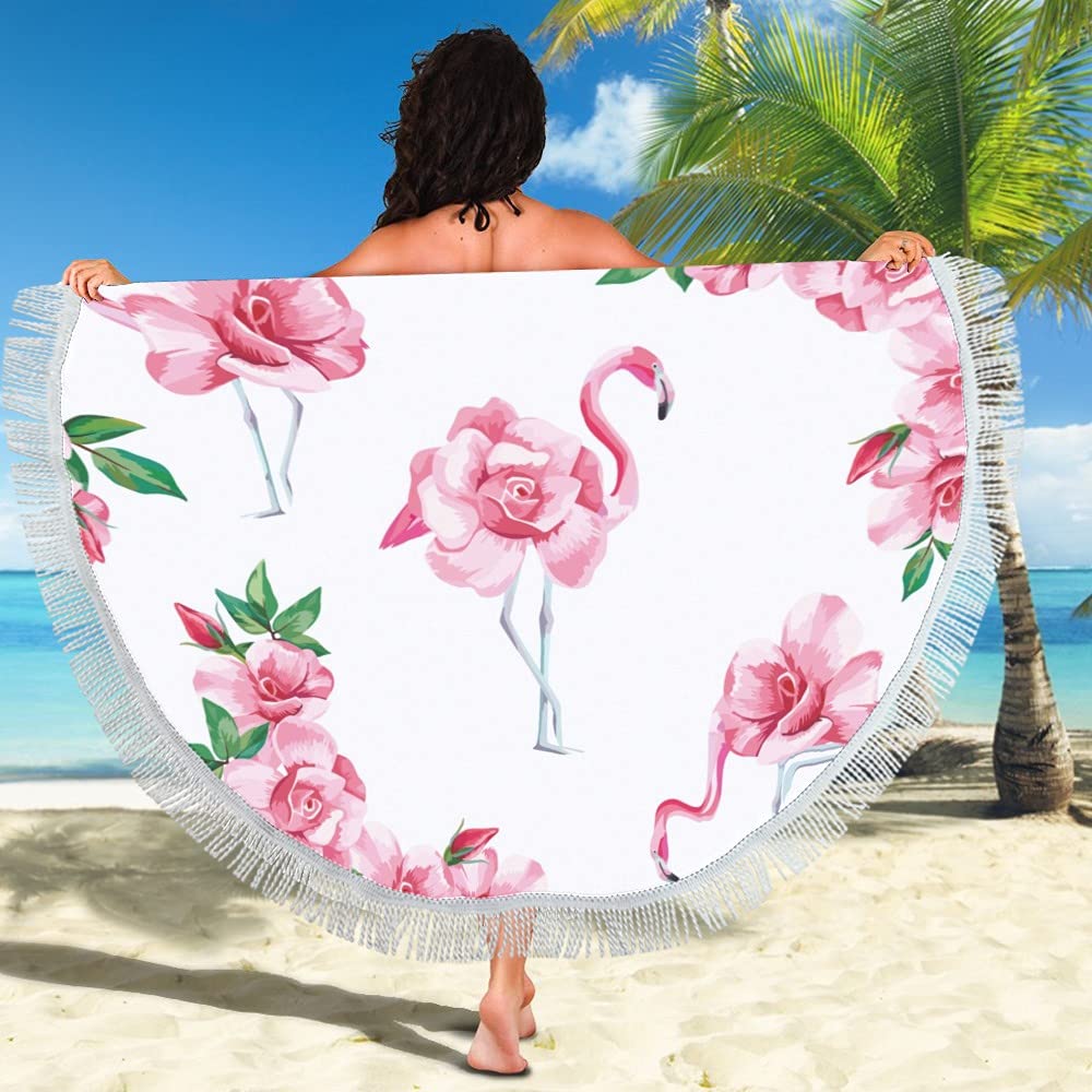 Tropic Pink Flamingo & Rose Round Beach Towel - 59 Inch Large Soft Pool Towel with Tassels for Adults & Kids - Perfect for Beach, Poolside, Picnic and Outdoor Activities
