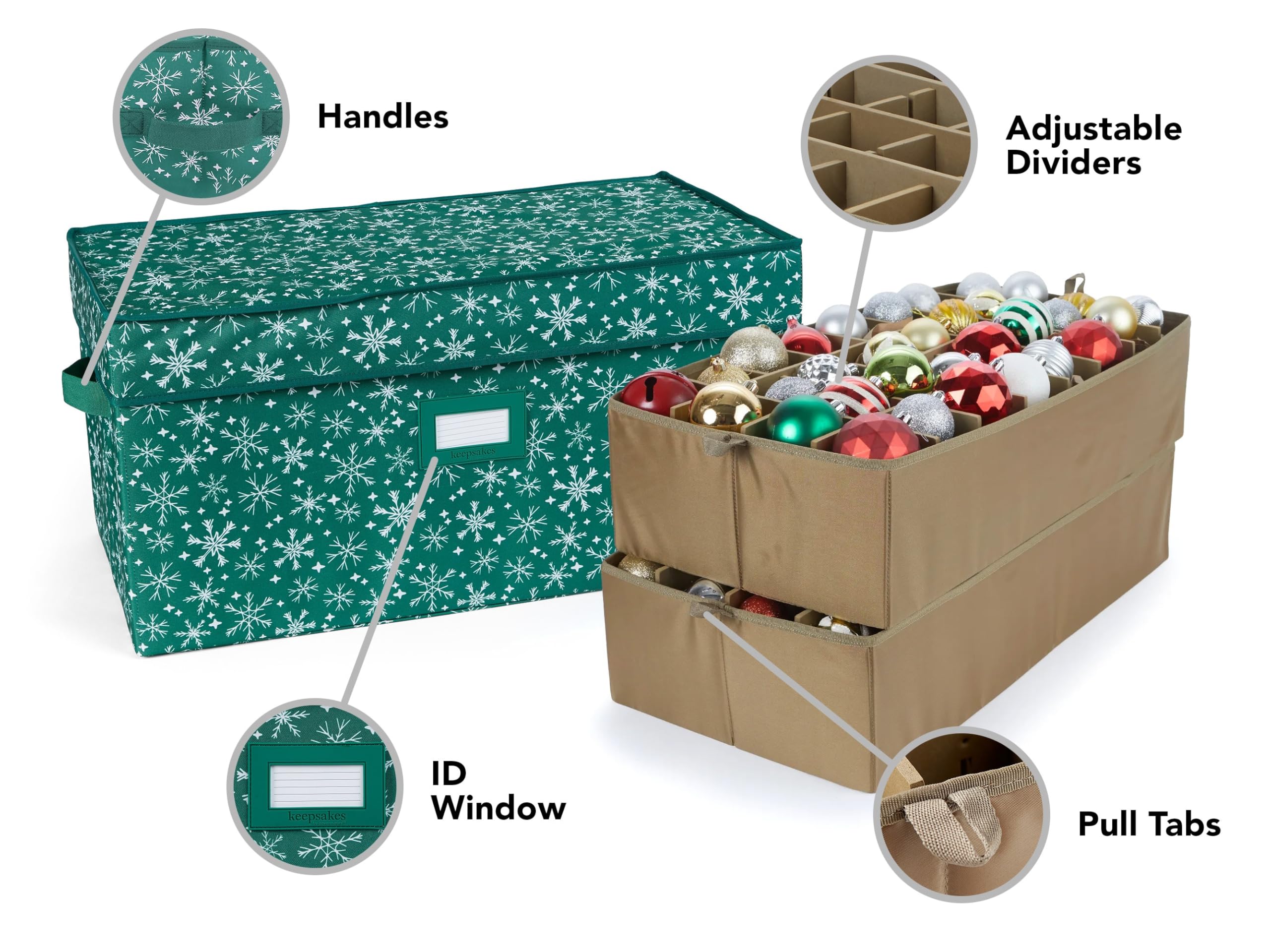 Covermates Keepsakes Adjustable Ornament Storage Box with Carrying Handles & Padded Protection - Holiday Decoration Organizer for Christmas Tree Ornaments (Green Snowflake Design) - Perfect for Seasonal Storage and Home Organization