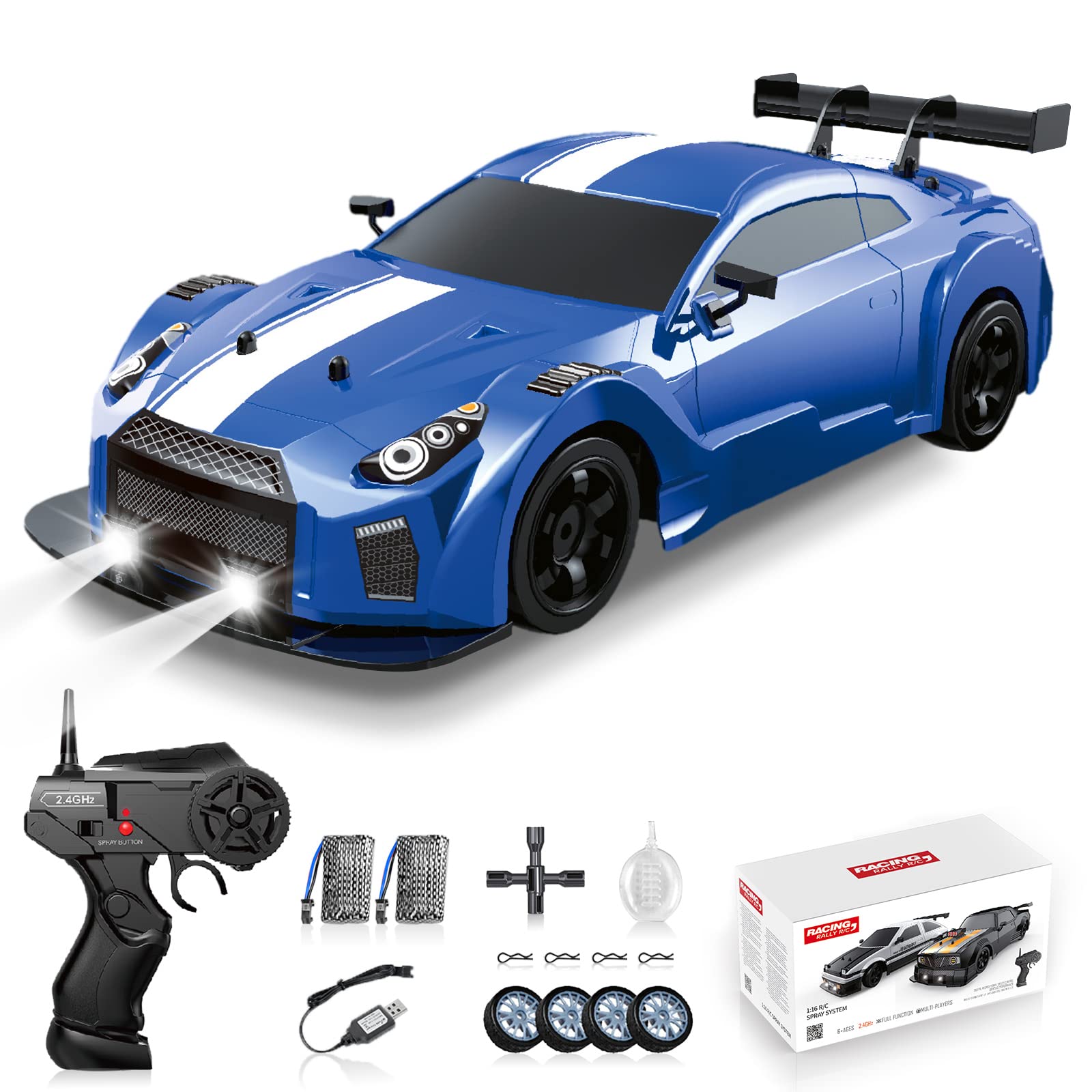 1/16 Scale 2.4GHz 4WD Remote Control Drift Car - 18KM/H High Speed Rechargeable RC Racing Car with LED Lights, Spray Effect, 2 Batteries & Extra Tires - Perfect for Kids Outdoor Play, Backyard Racing, and Drift Competitions